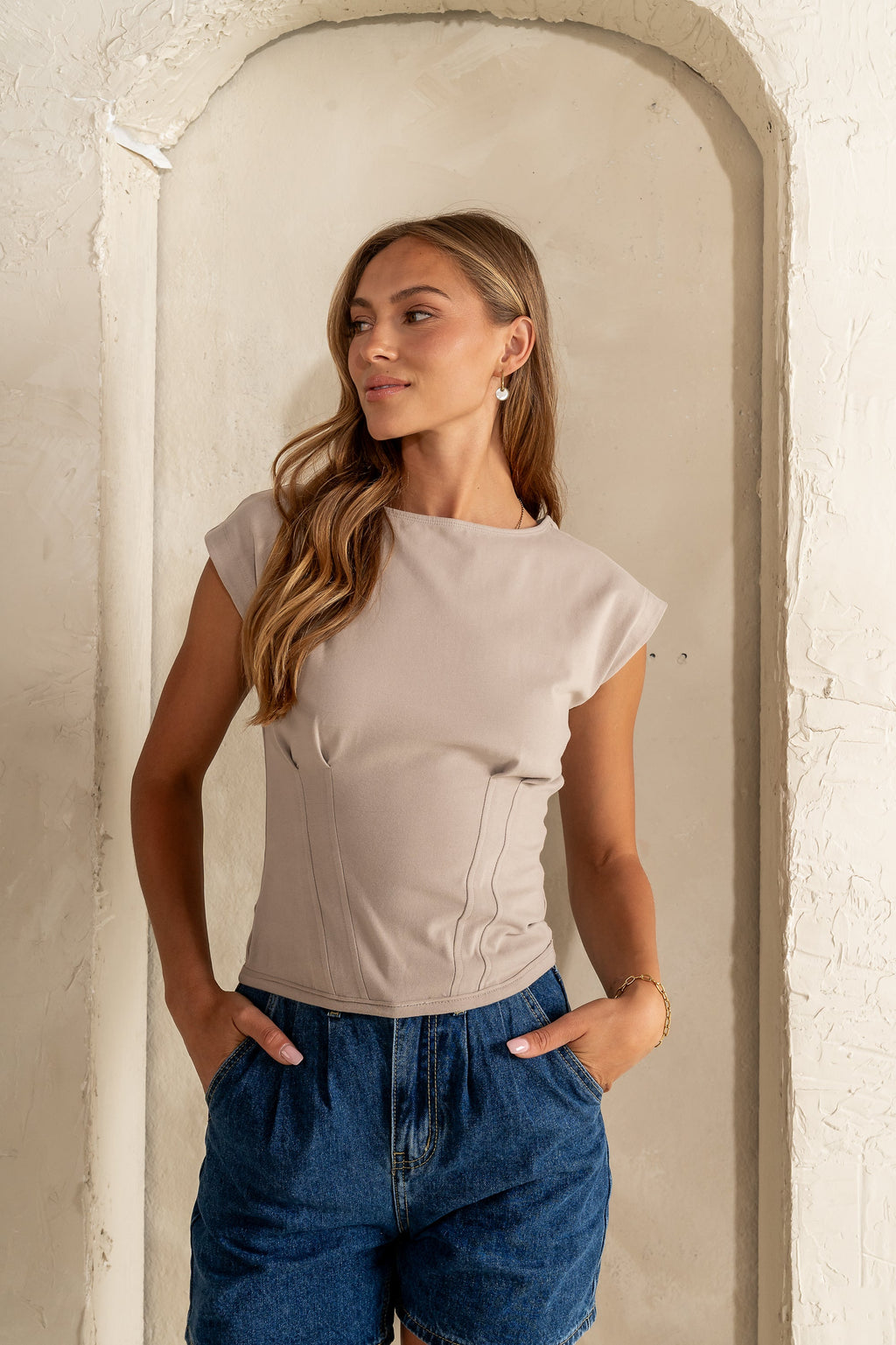 Tam Pleated Top in Taupe