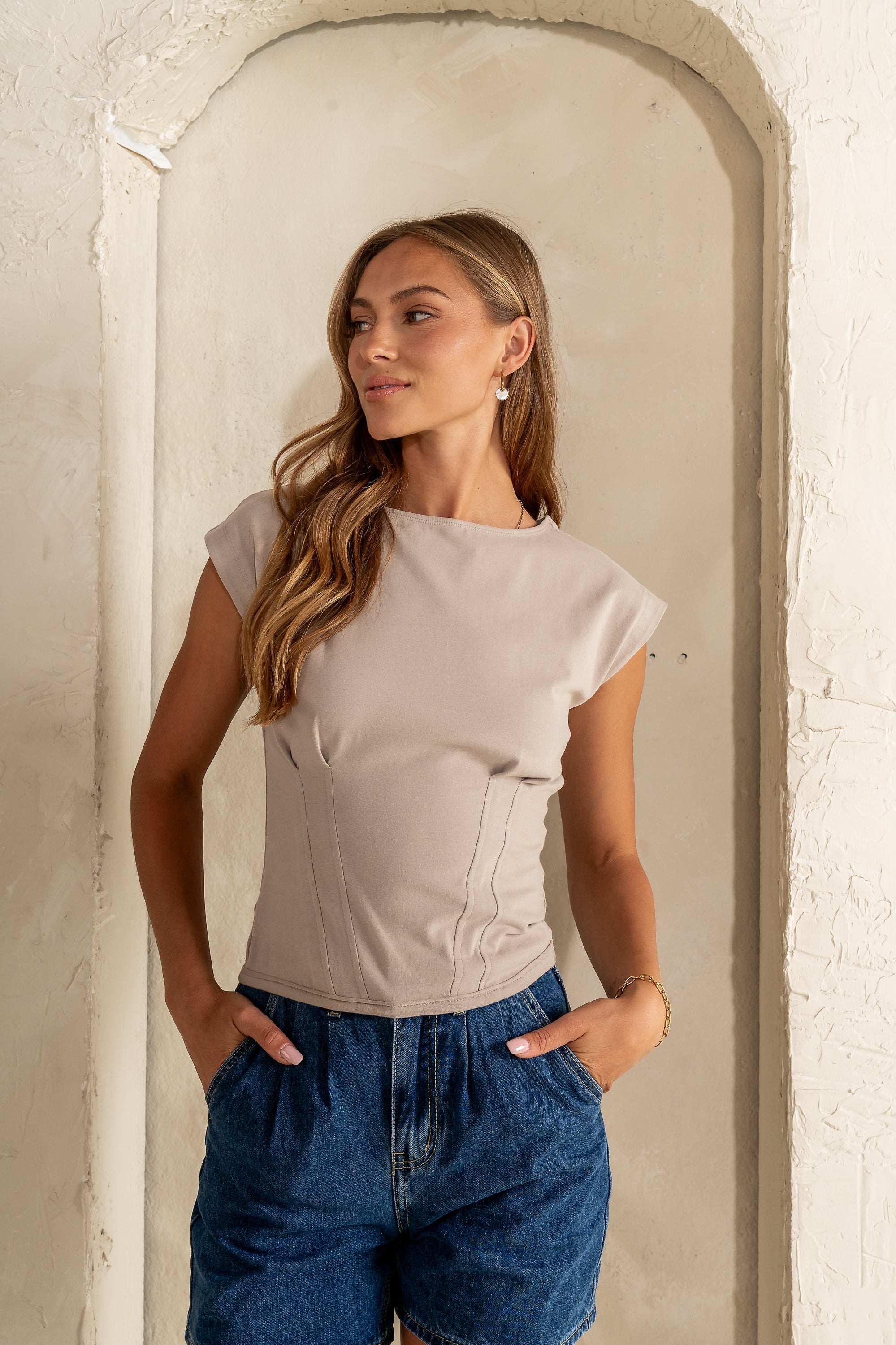 Tam Pleated Top in Taupe