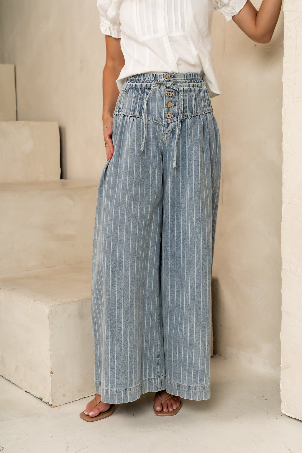 Melanie Striped Wide Leg Pants in Light Wash - FINAL SALE