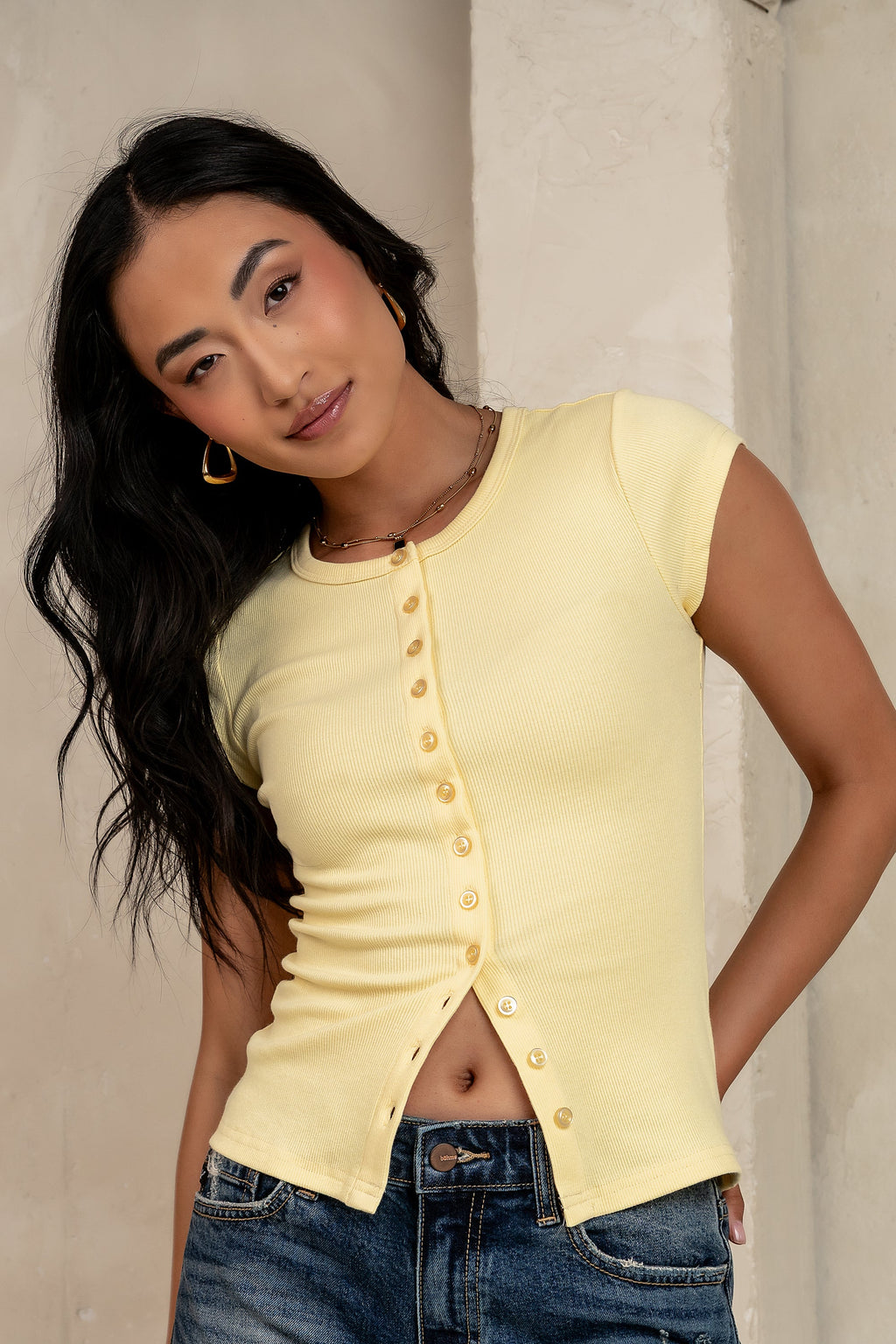 Vestia Button Up Tee in Yellow