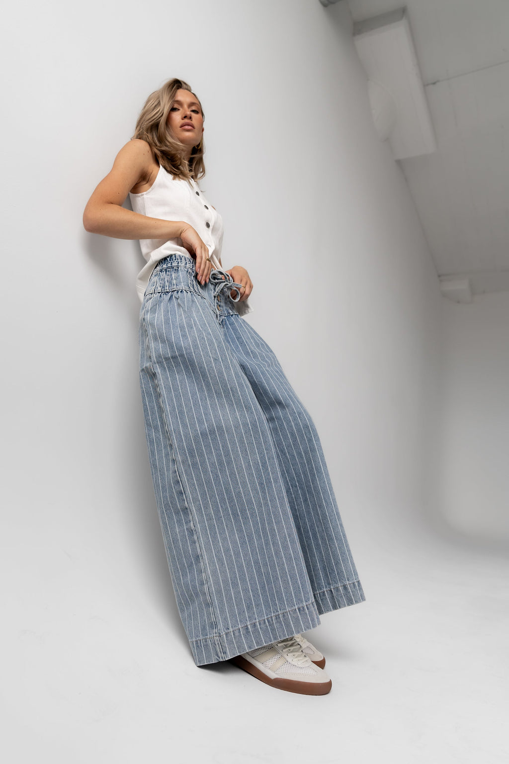 Melanie Striped Wide Leg Pants in Light Wash - FINAL SALE