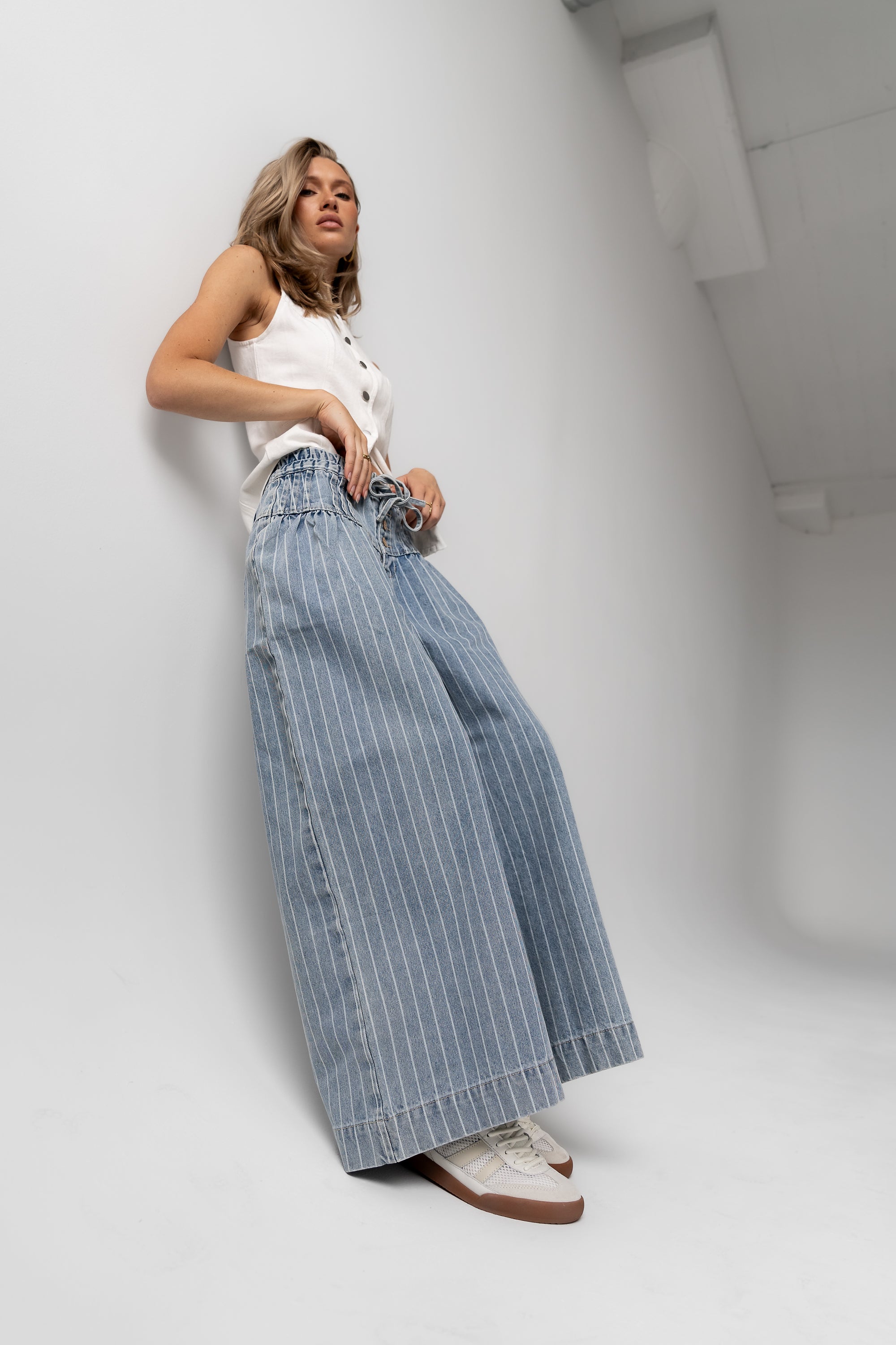 Melanie Striped Wide Leg Pants in Light Wash - FINAL SALE