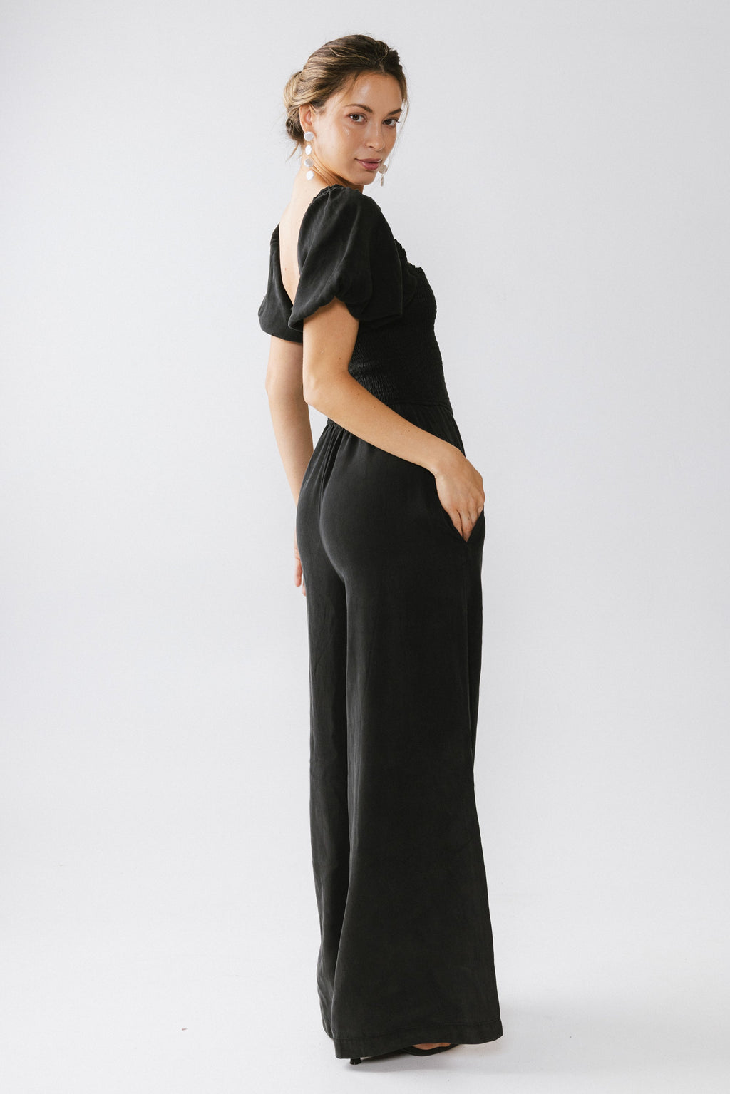 Piper Smocked Jumpsuit in Washed Black
