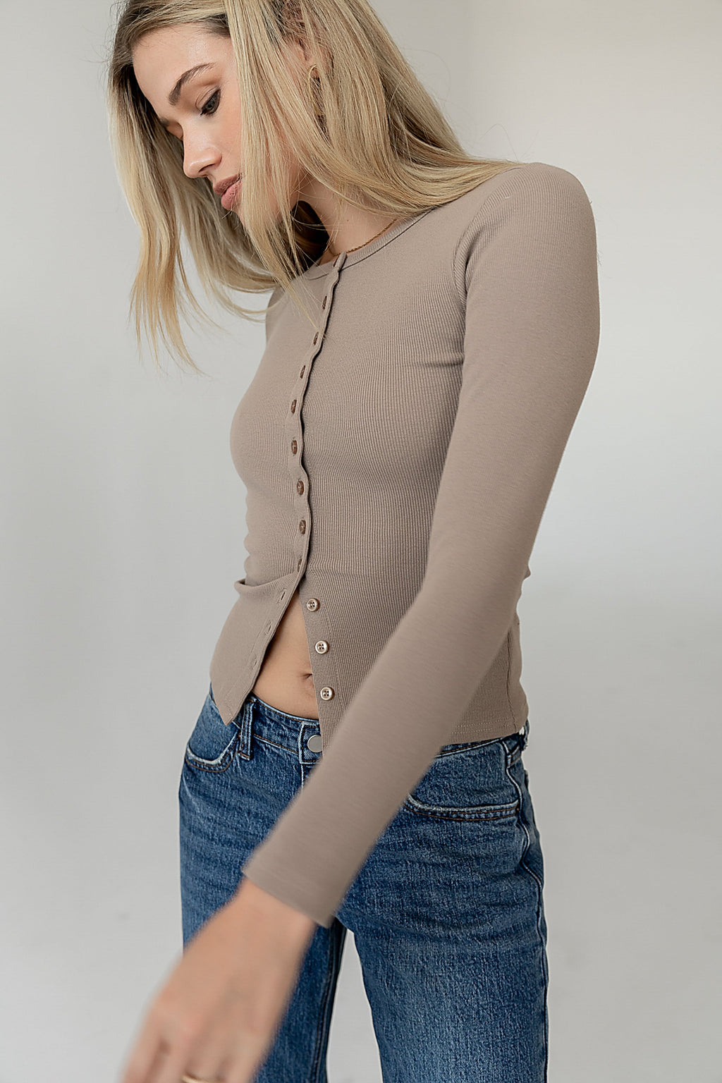 Mia Button Up Top in Taupe - FINAL SALE
