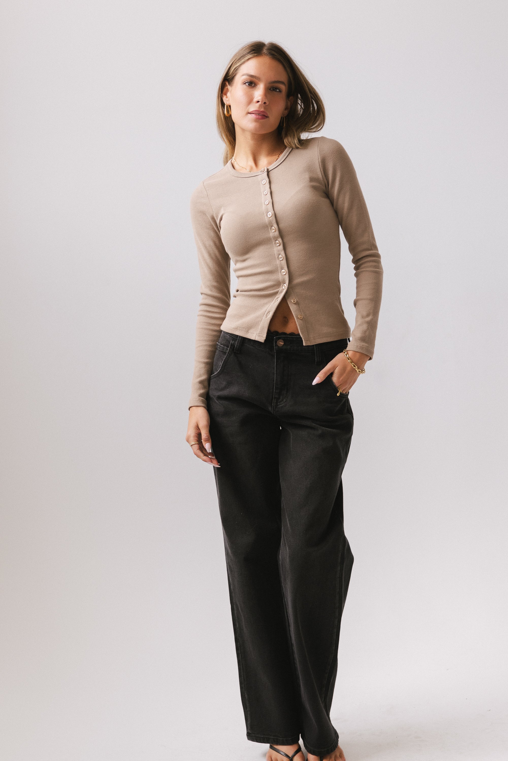 Mia Button Up Top in Taupe - FINAL SALE