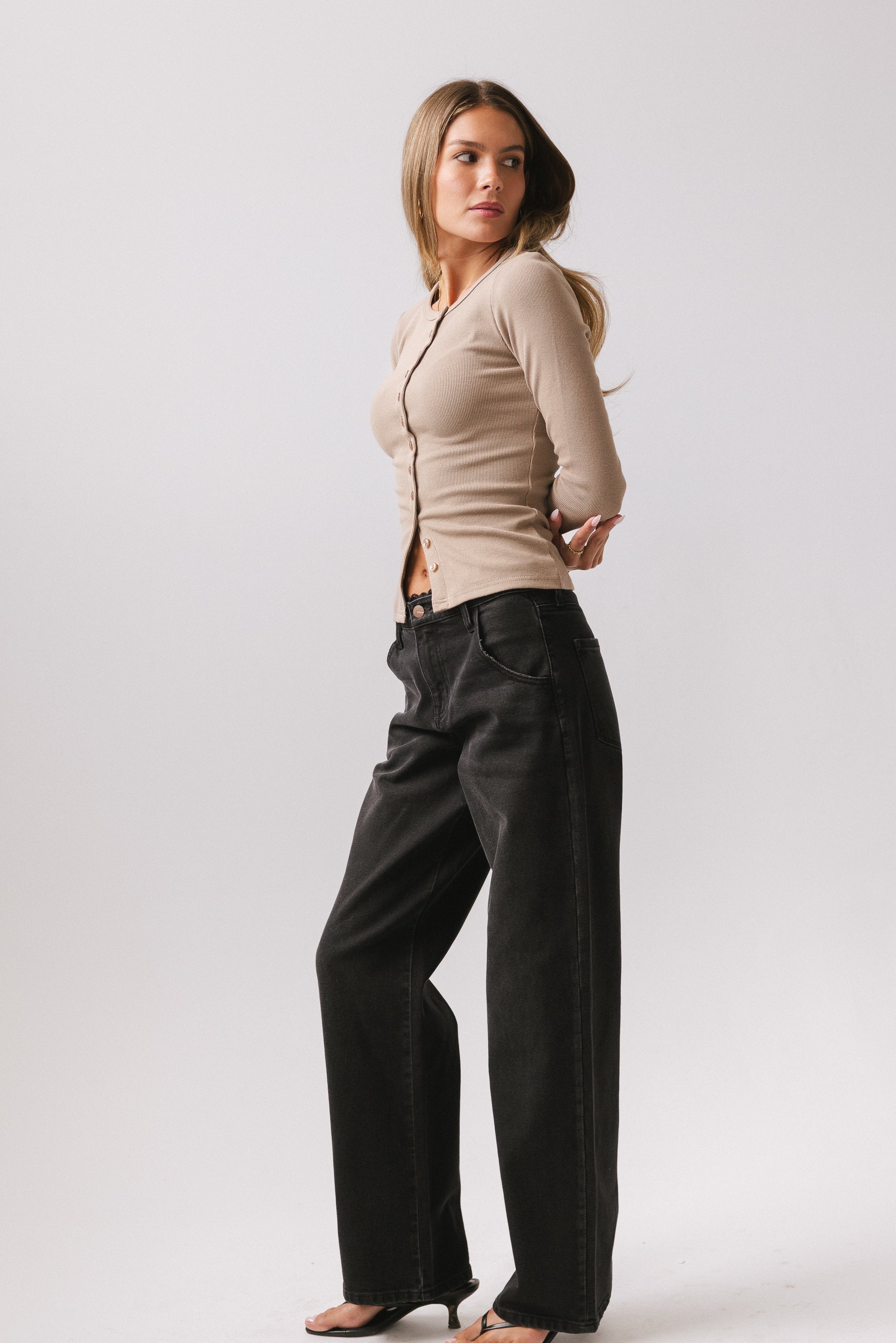 Mia Button Up Top in Taupe - FINAL SALE