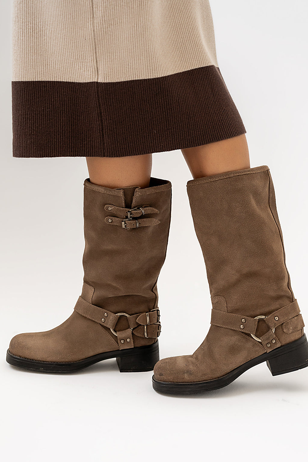 Steve Madden Astor Moto Boot in Taupe Suede