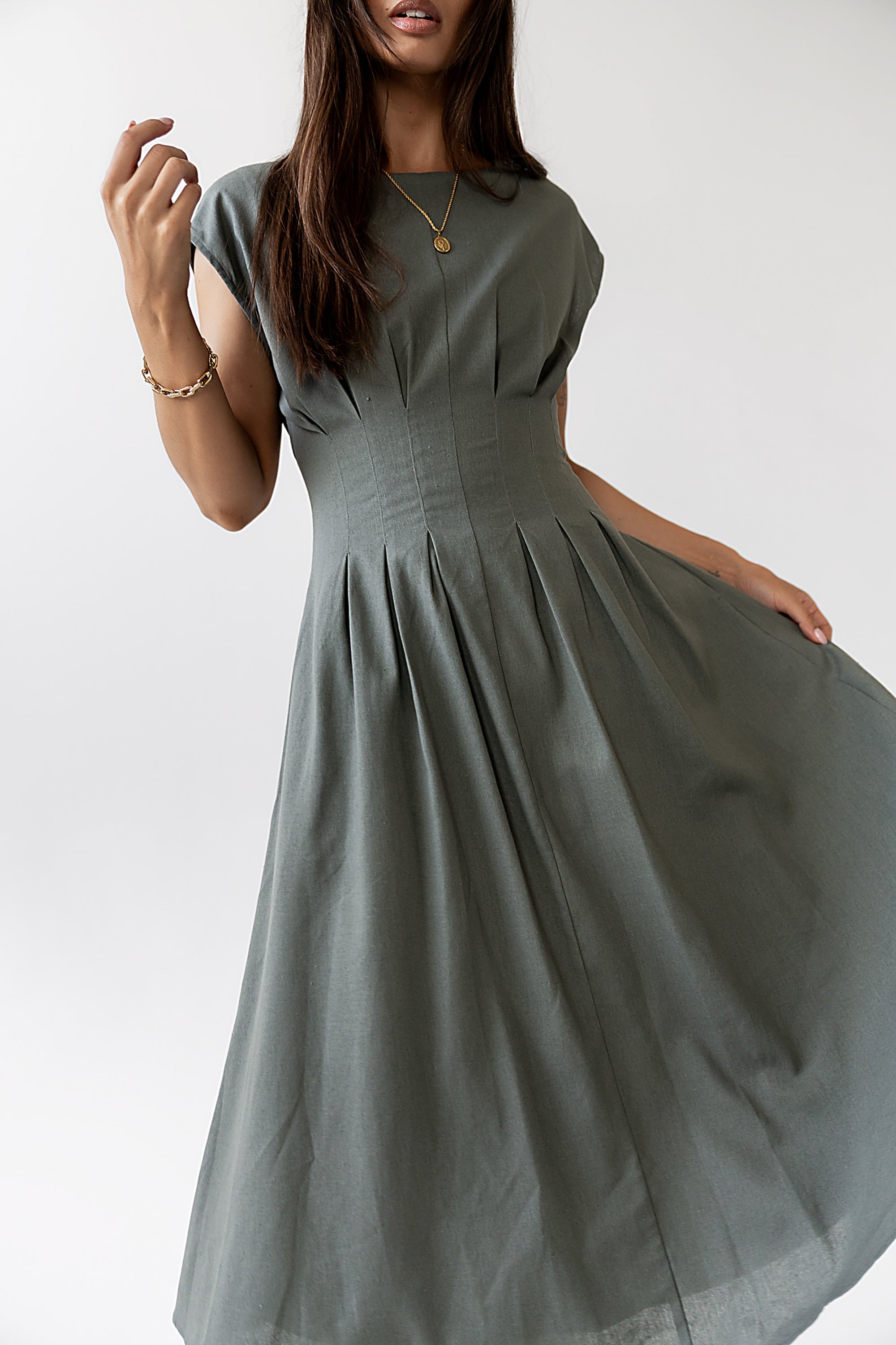 Matilda Pleated Maxi Dress in Olive