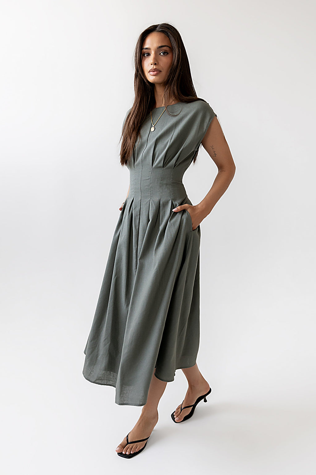 Matilda Pleated Maxi Dress in Olive