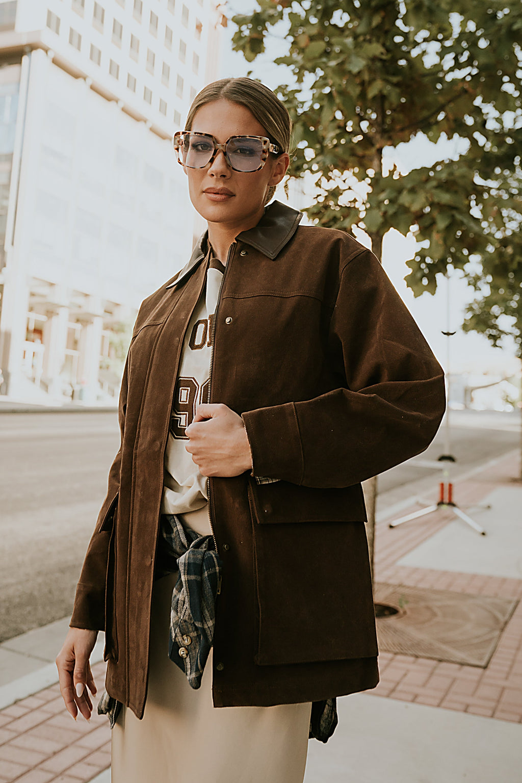 Carly Vegan Leather Jacket in Brown
