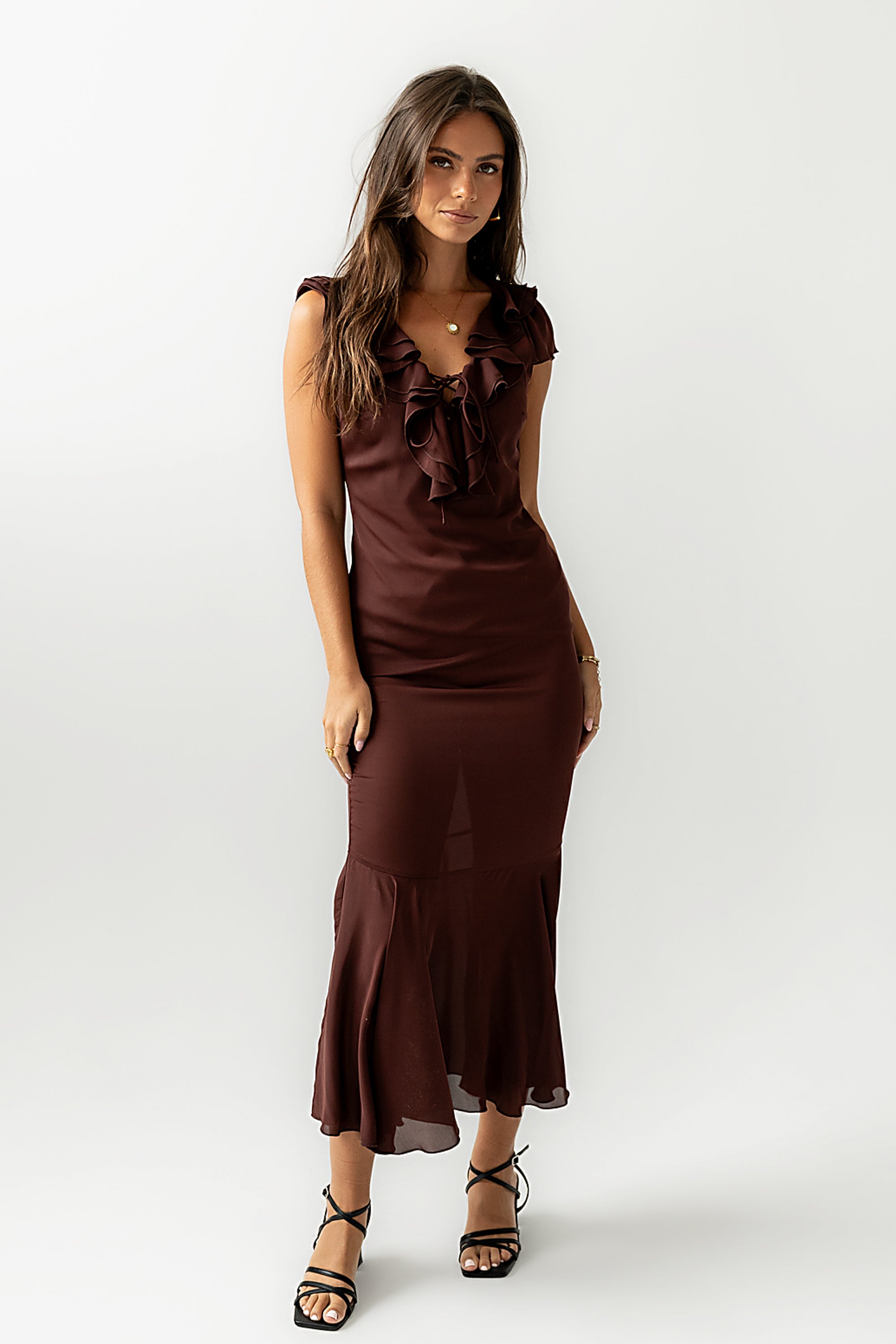 Reese Ruffle Maxi Dress in Red-Brown