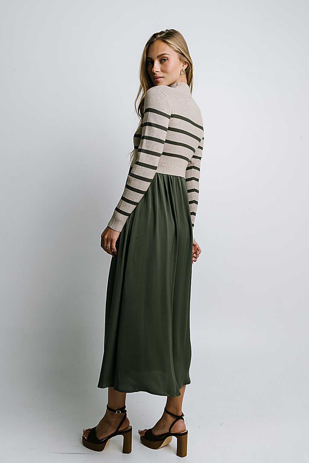 Zeda Midi Dress in Olive Stripe