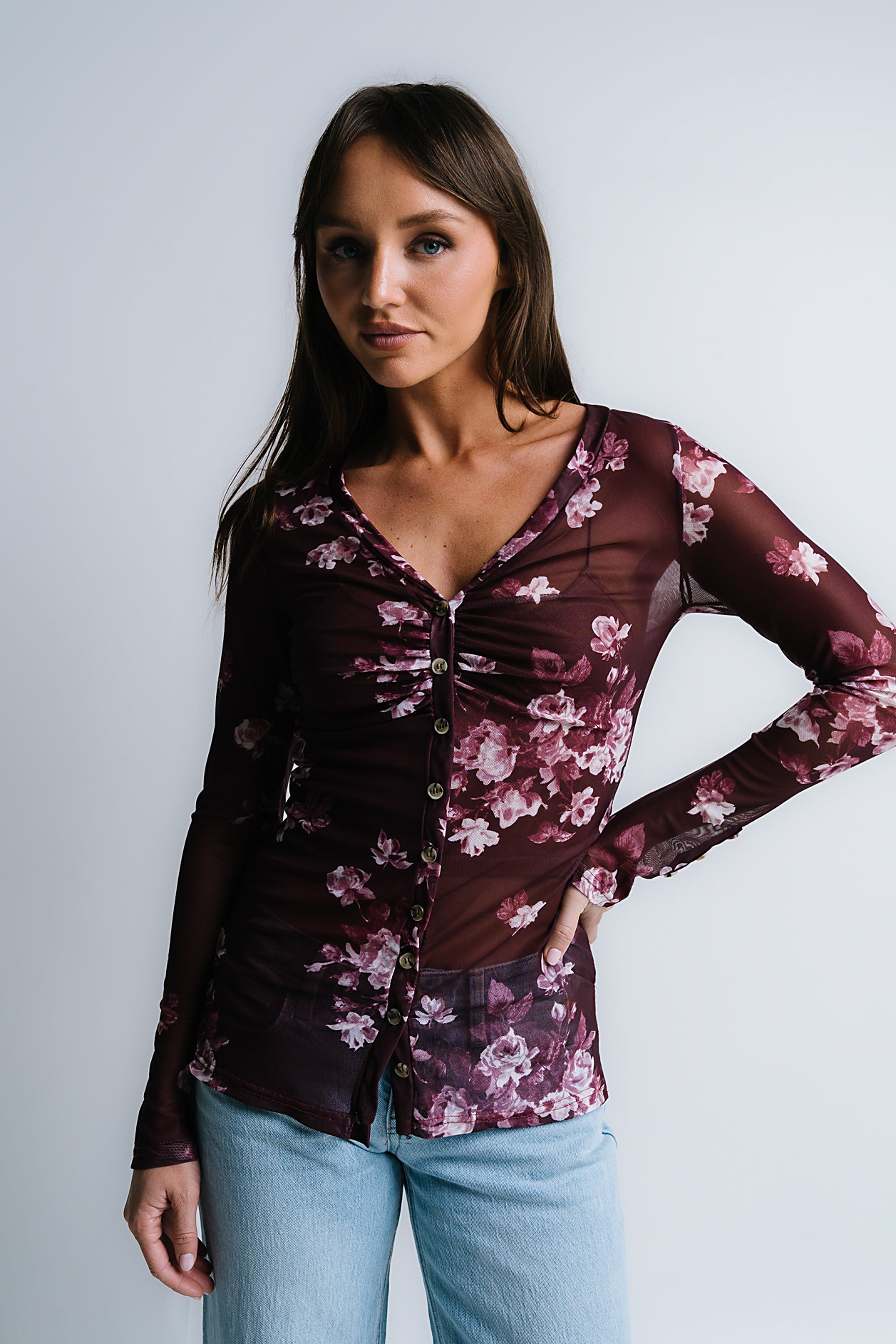 Sammy Floral Mesh Top in Wine