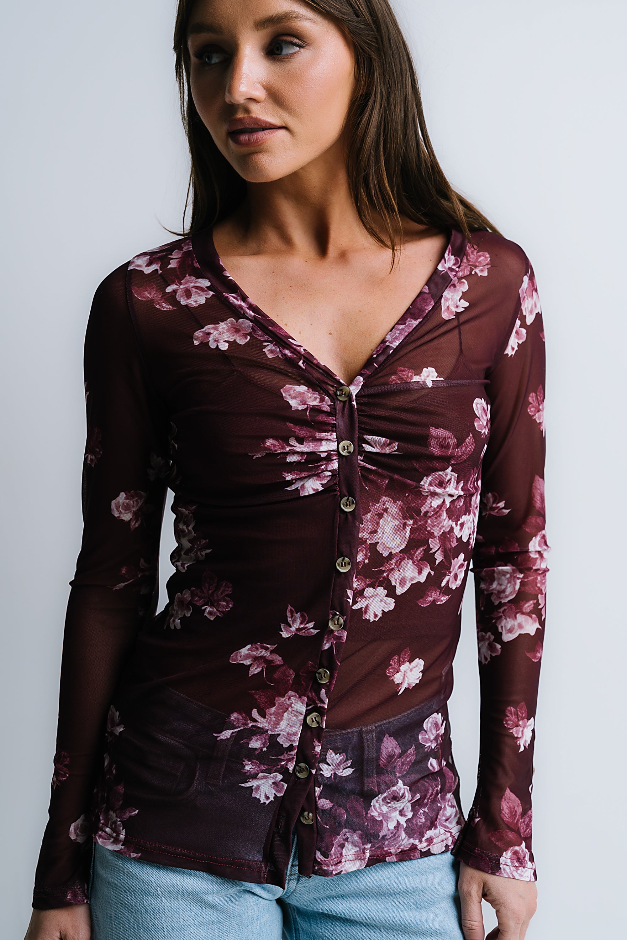 Sammy Floral Mesh Top in Wine