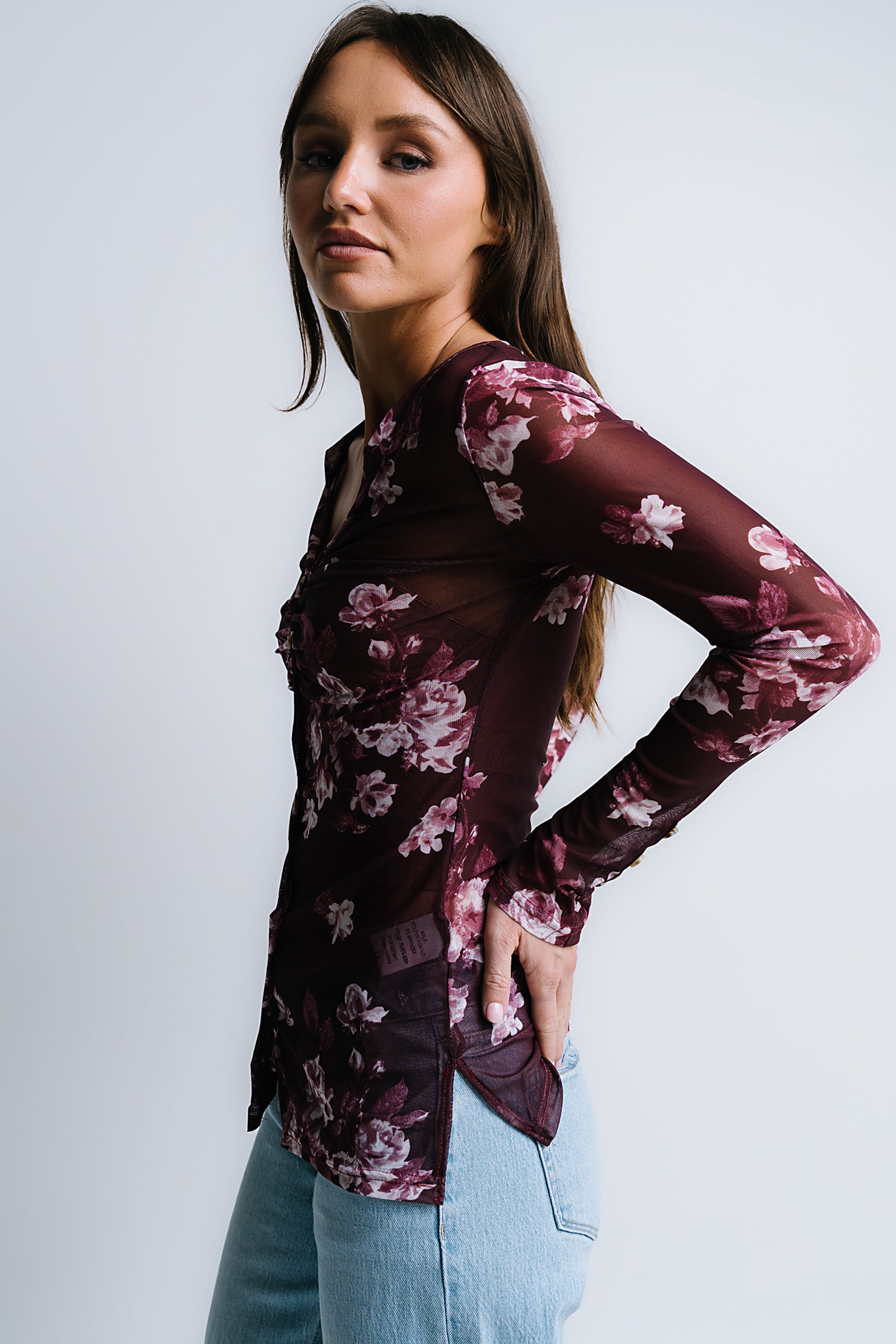 Sammy Floral Mesh Top in Wine