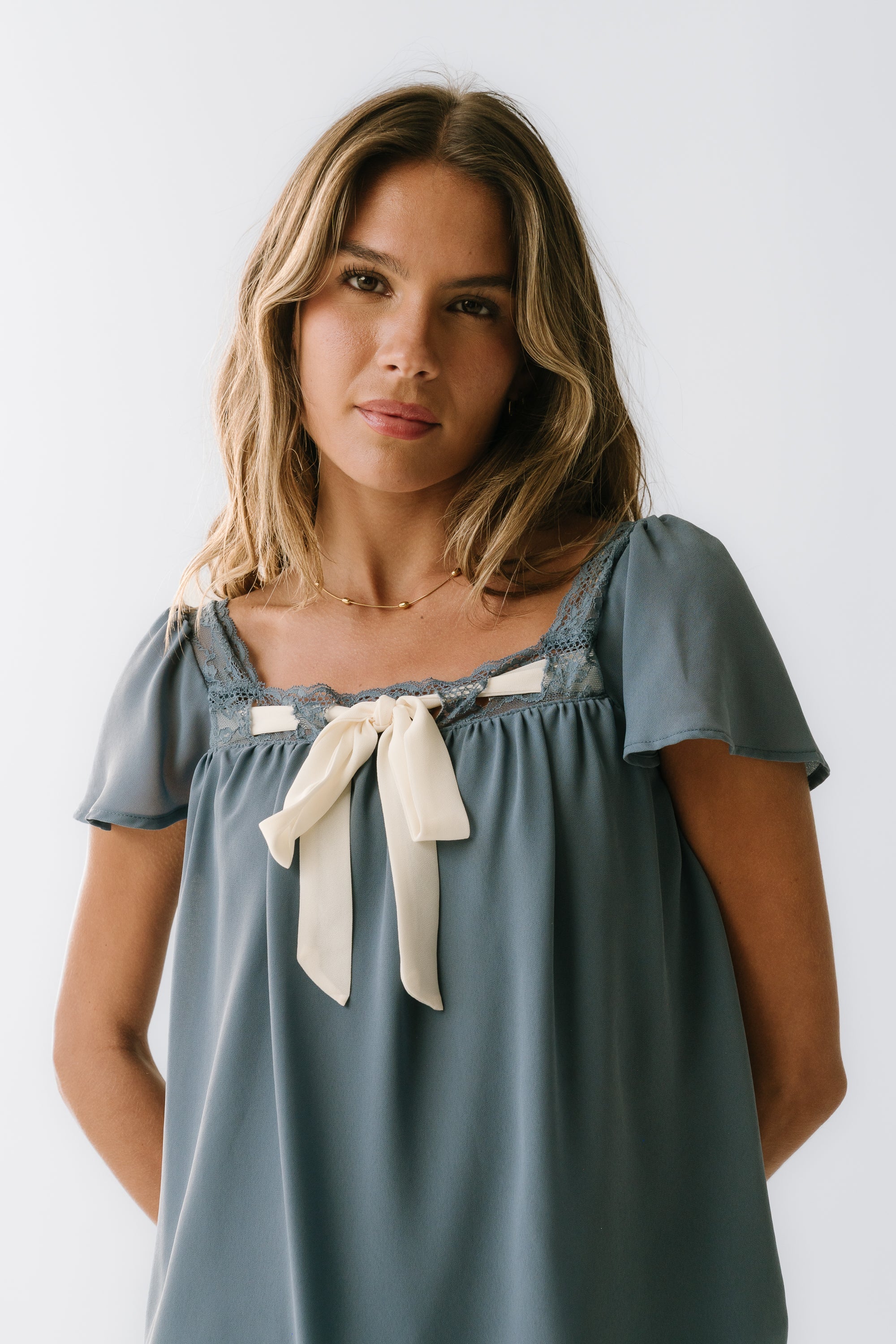 Gianna Lace Trim Blouse in Blue