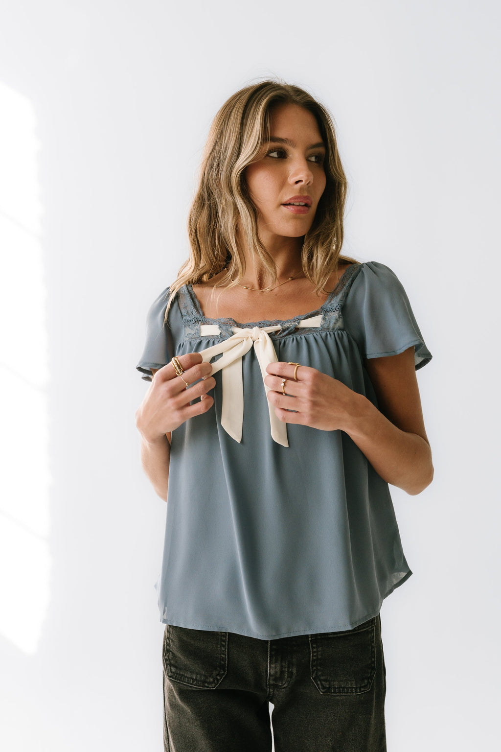 Gianna Lace Trim Blouse in Blue