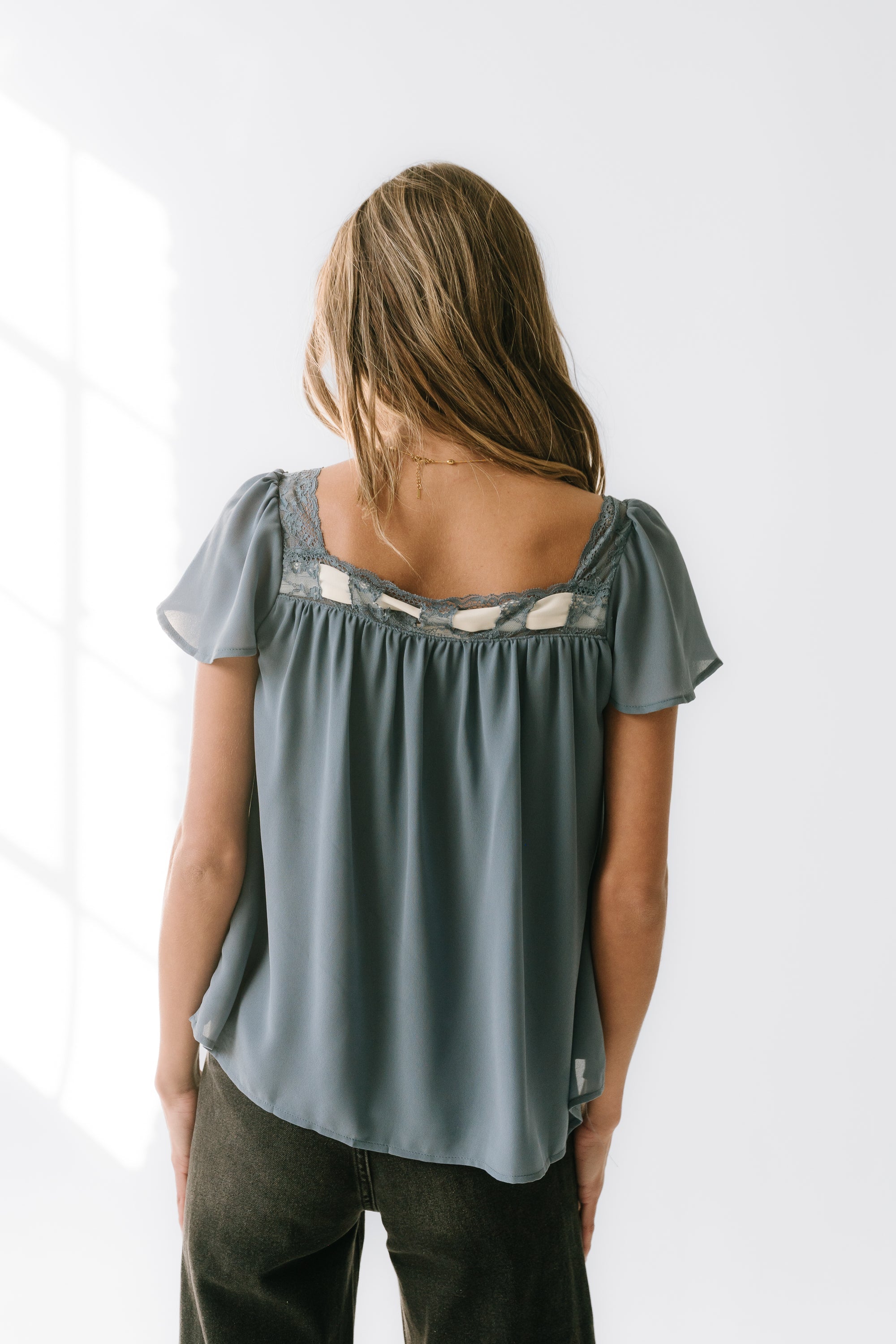 Gianna Lace Trim Blouse in Blue