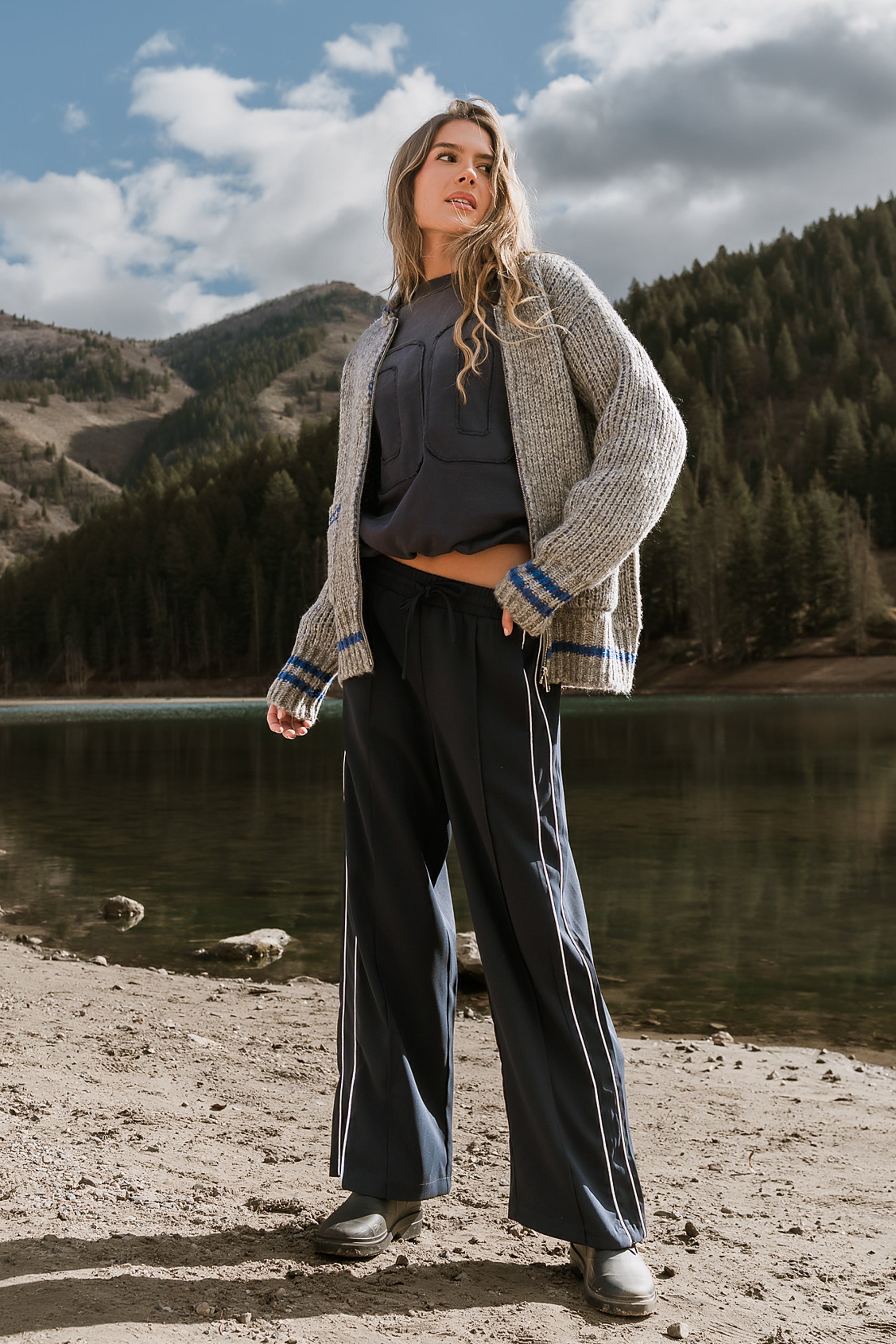 Emily Striped Wide Leg Pants in Navy