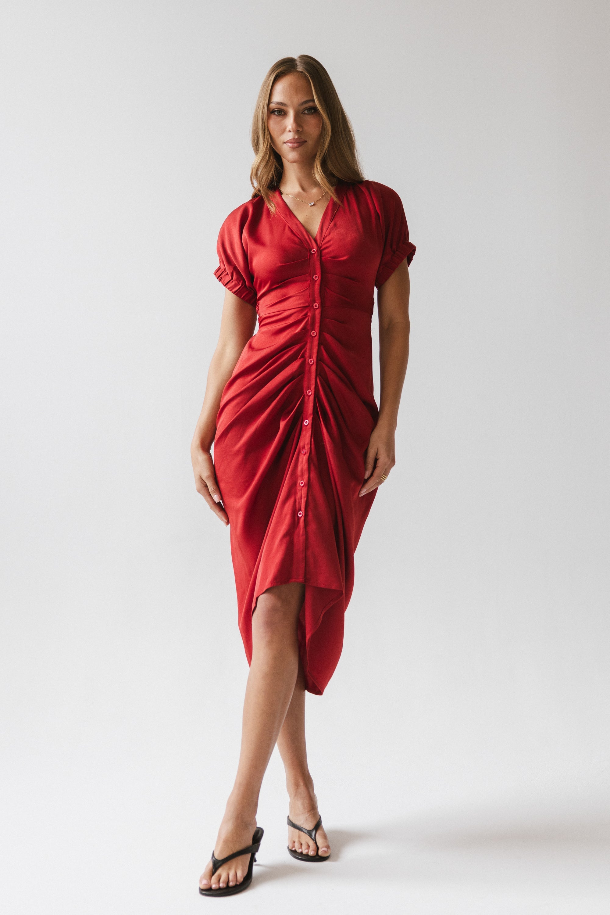 Opie Satin Midi Dress in Red-Orange