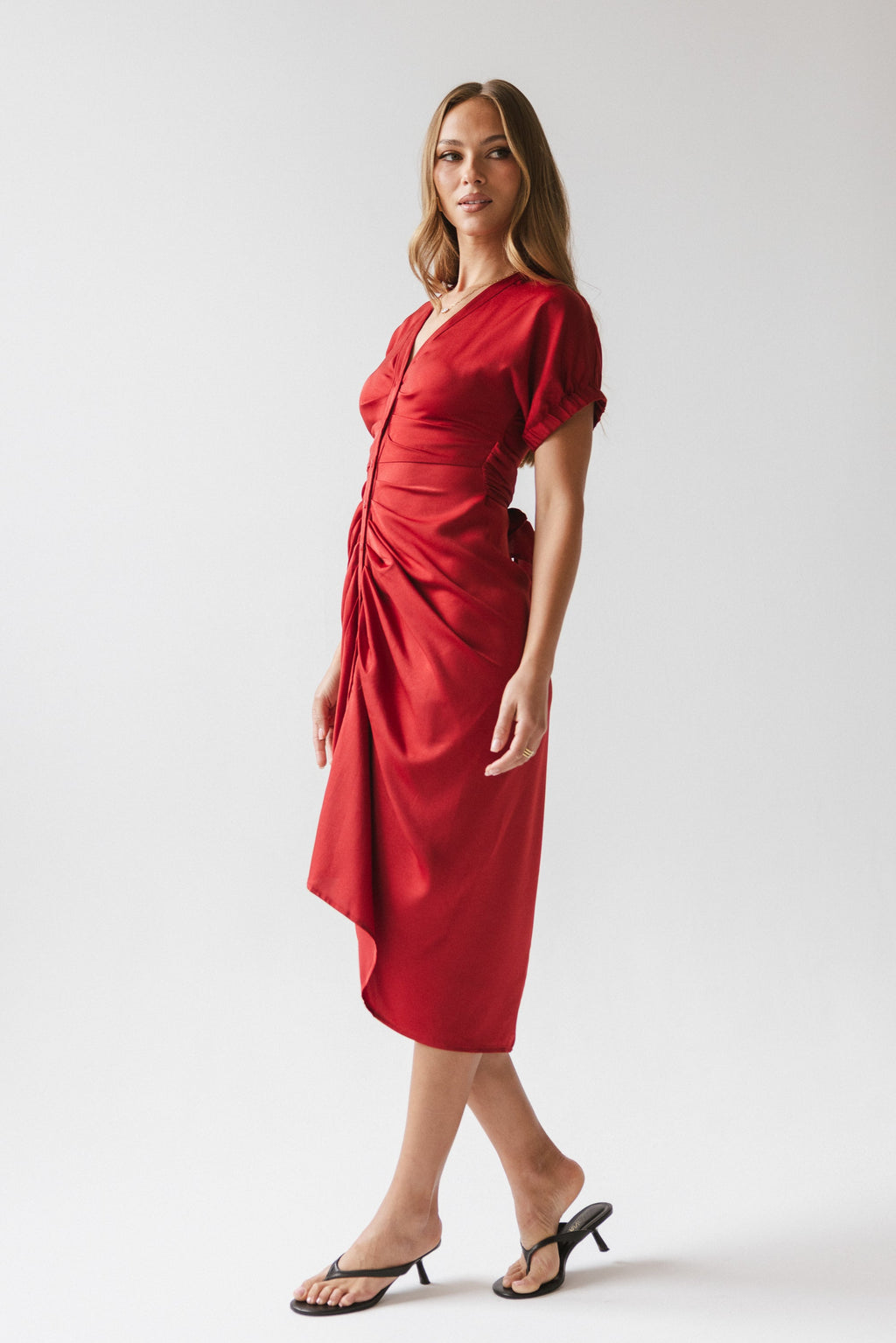 Opie Satin Midi Dress in Red-Orange
