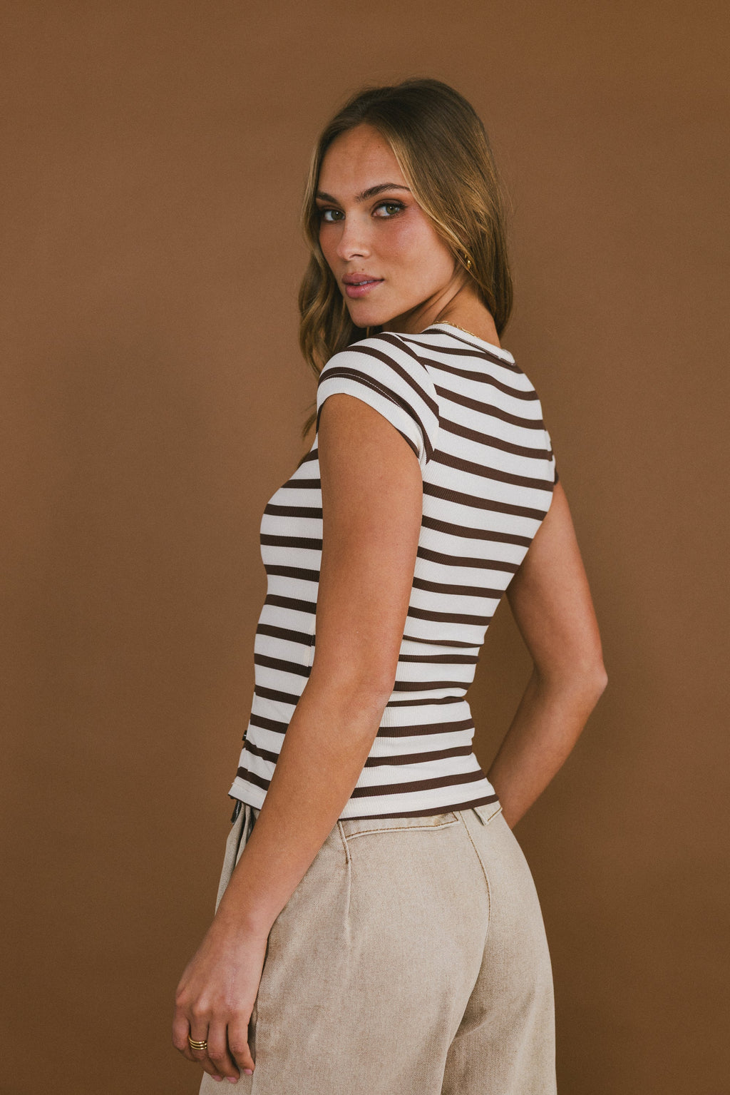 Vestia Striped Button Up Tee in Brown