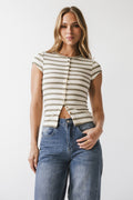 Vestia Striped Button Up Tee in Sage