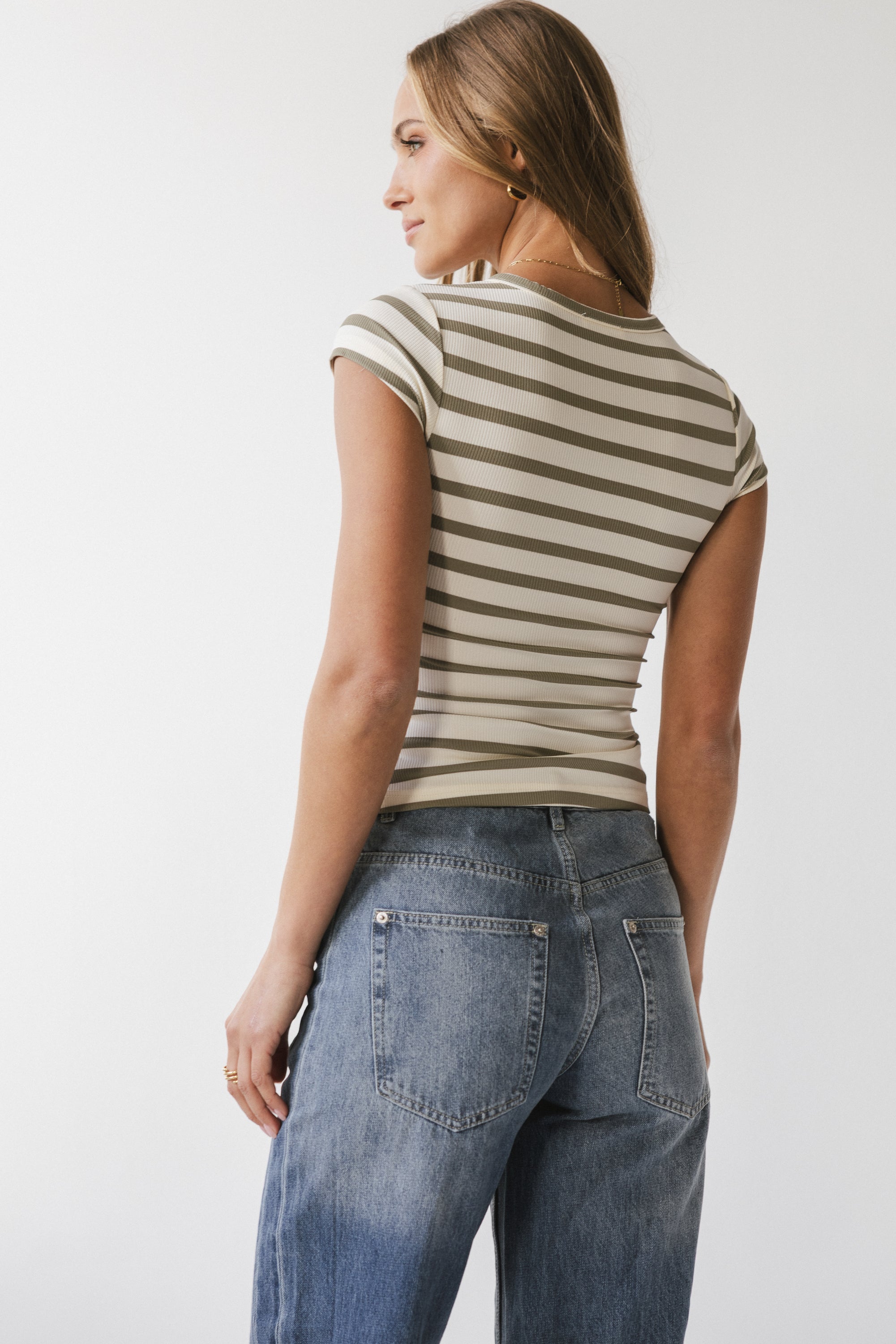 Vestia Striped Button Up Tee in Sage