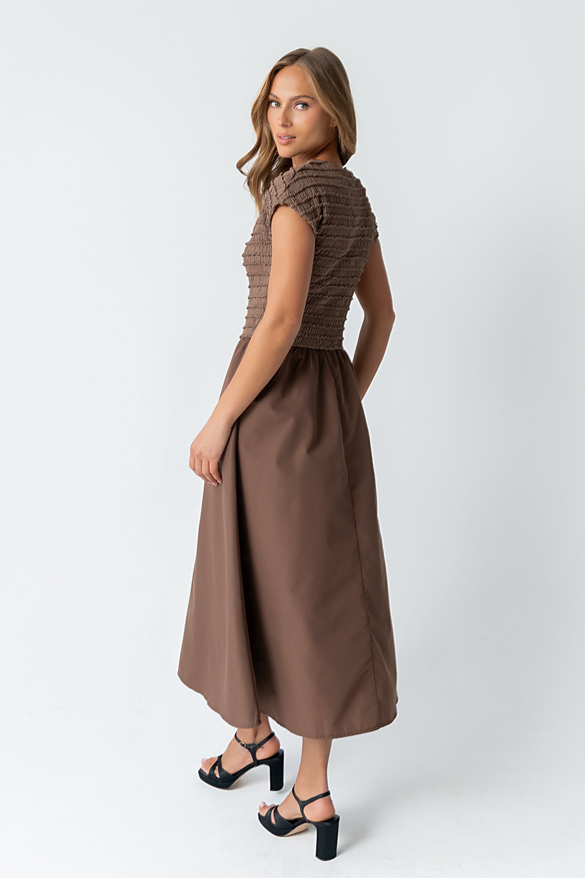 Lorie Mixed Media Maxi Dress in Brown
