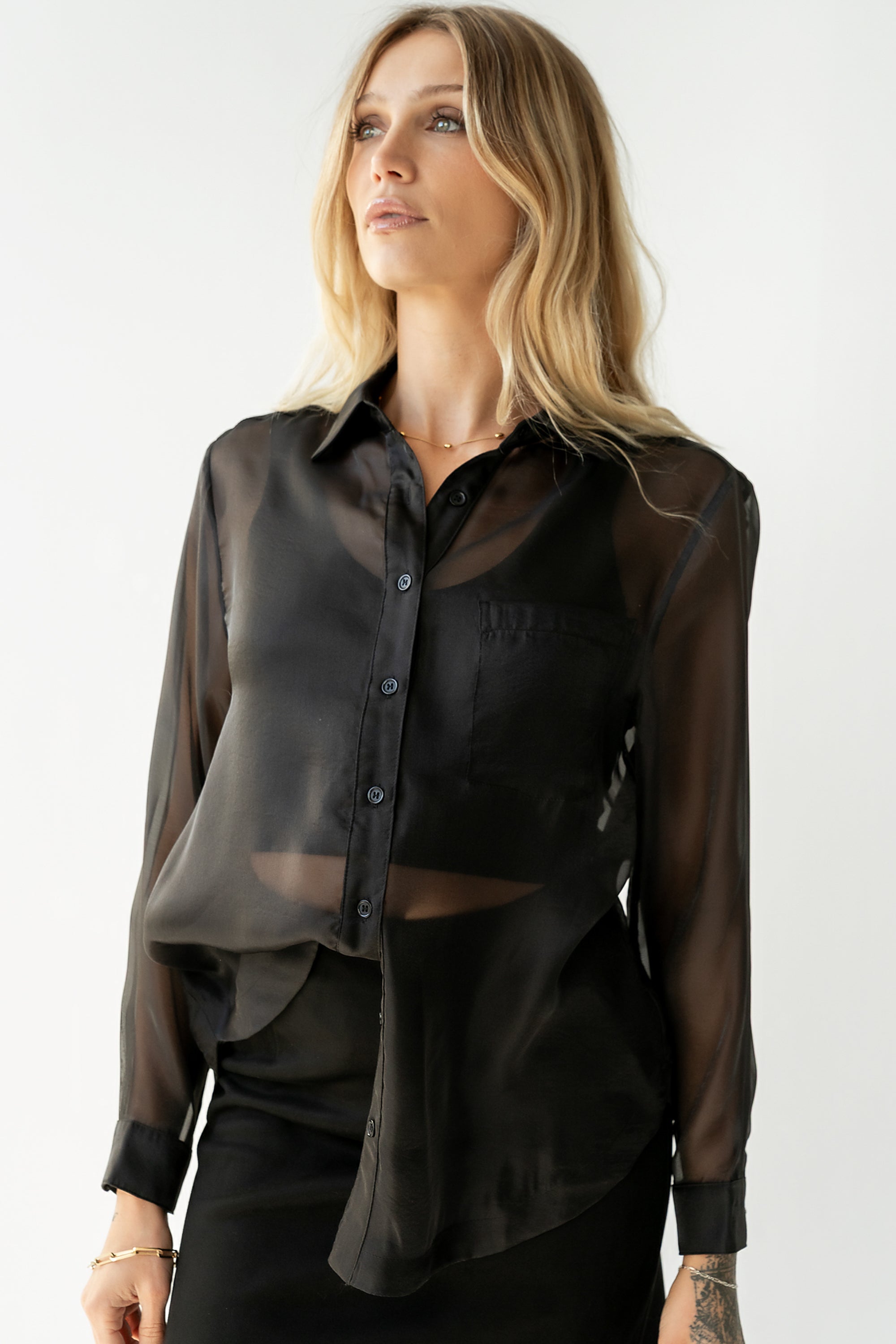 Liberty Sheer Button Up Blouse in Black