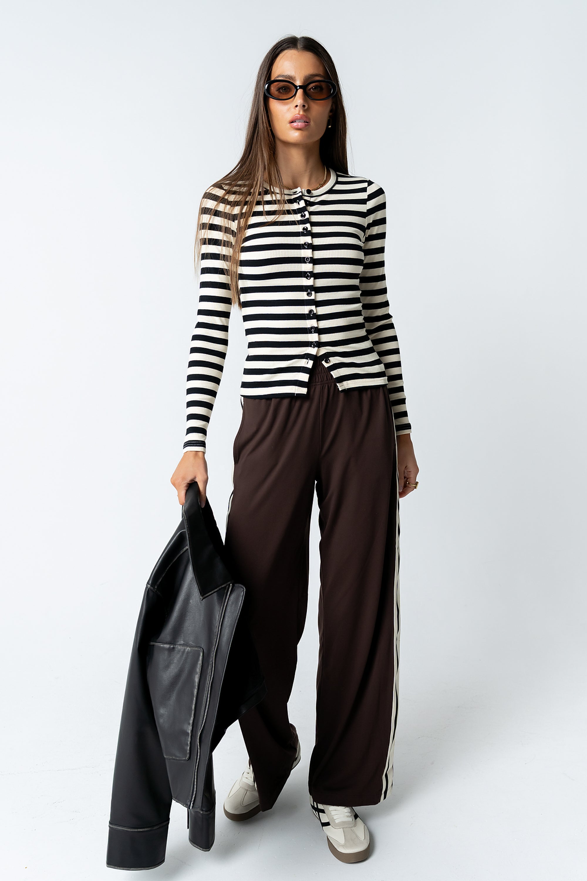 Mia Button Up Top in Striped Black