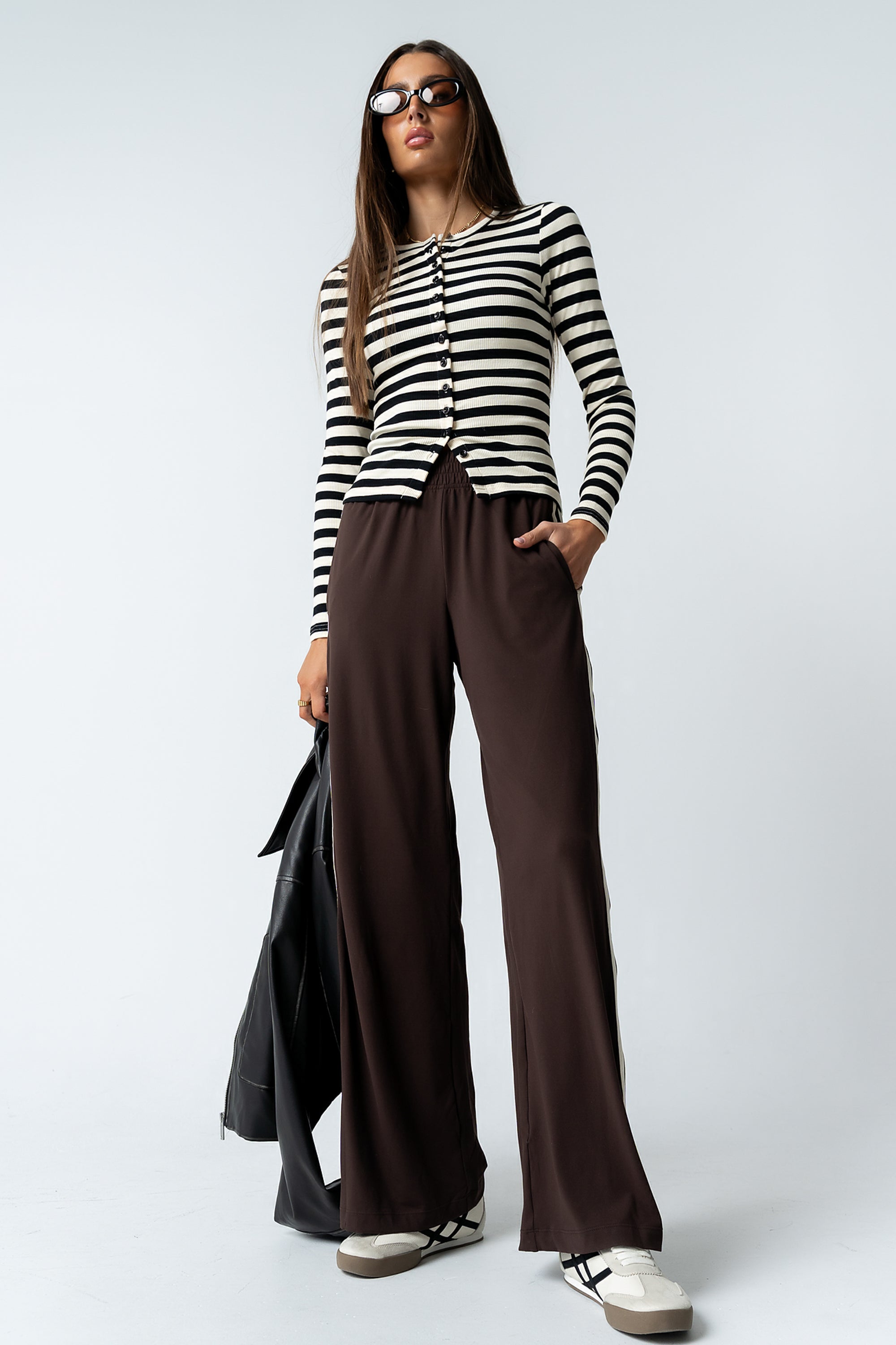 Mia Button Up Top in Striped Black