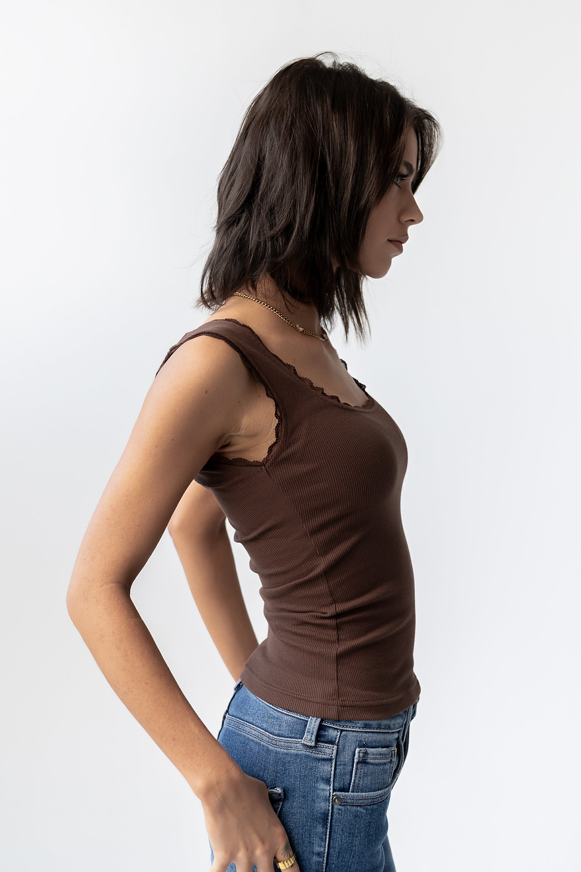 Sawyer Lace Trim Tank Top in Brown