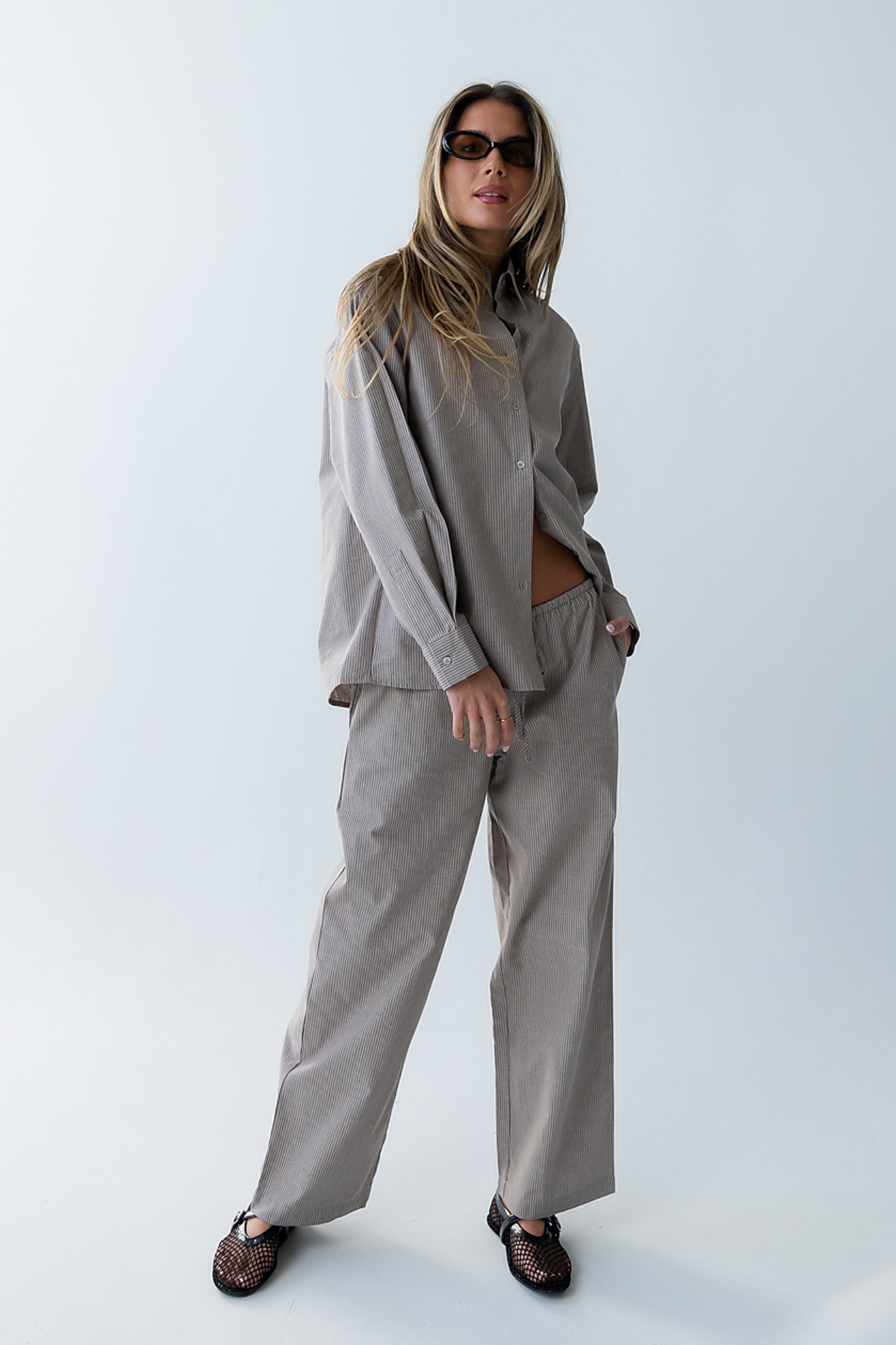 Hailey Striped Baggy Pants in Beige