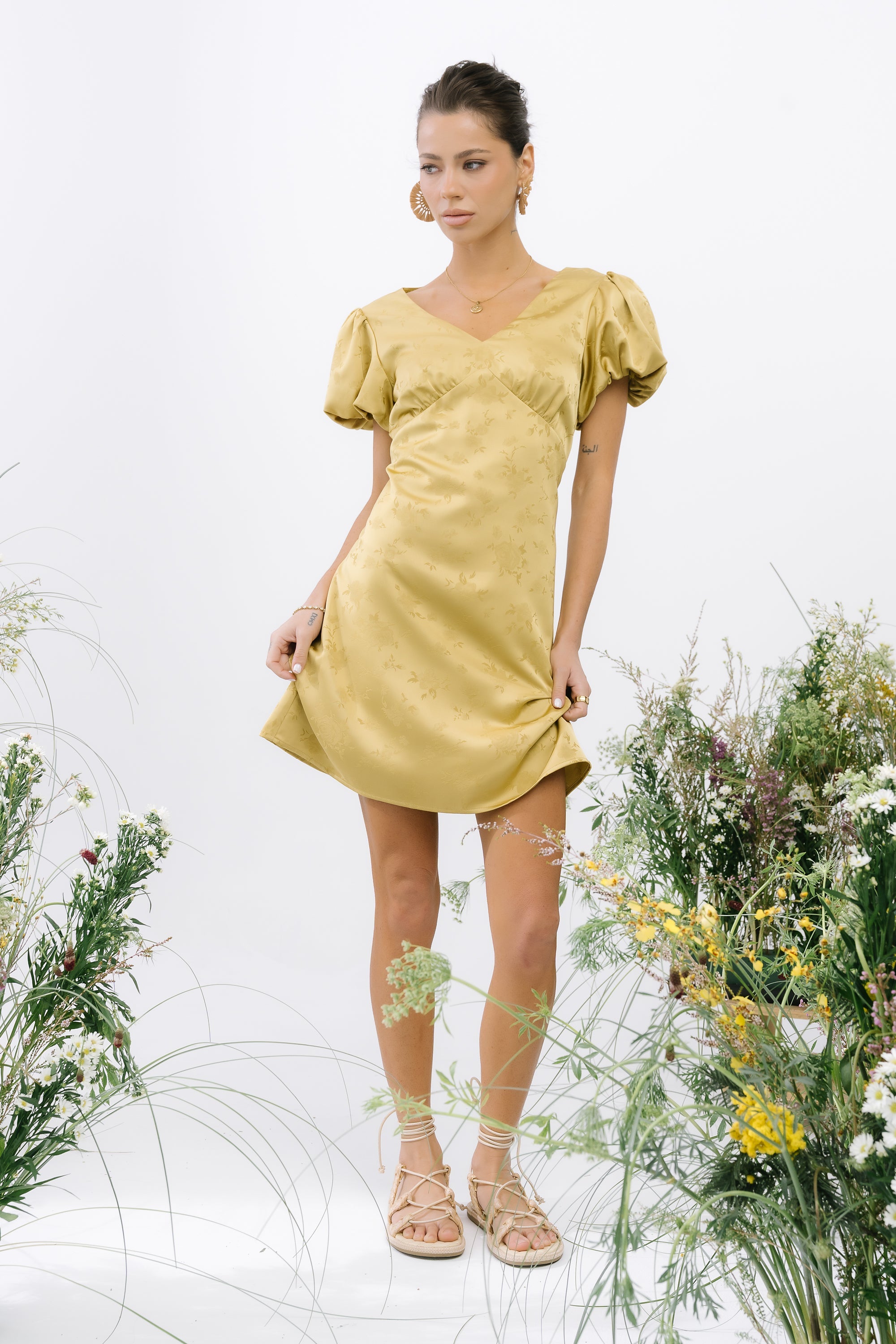 Brenna Floral Mini Dress in Chartreuse