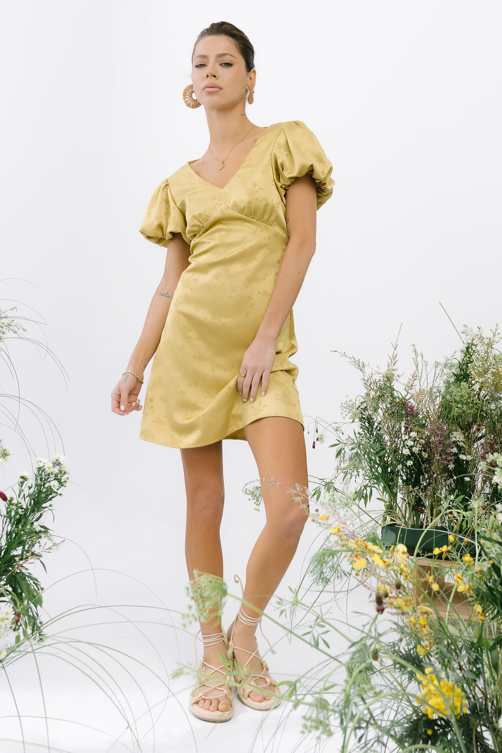 Brenna Floral Mini Dress in Chartreuse