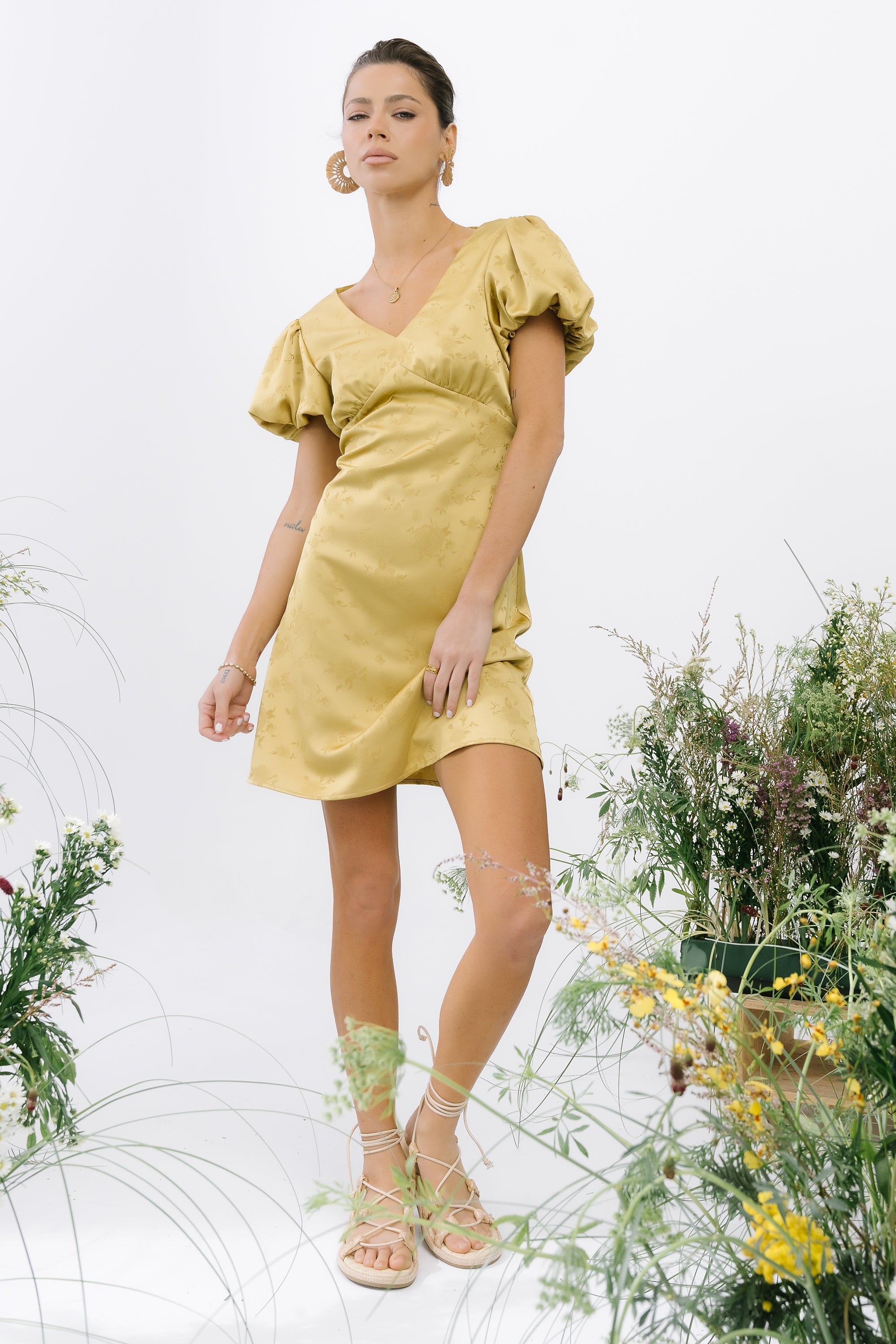 Brenna Floral Mini Dress in Chartreuse