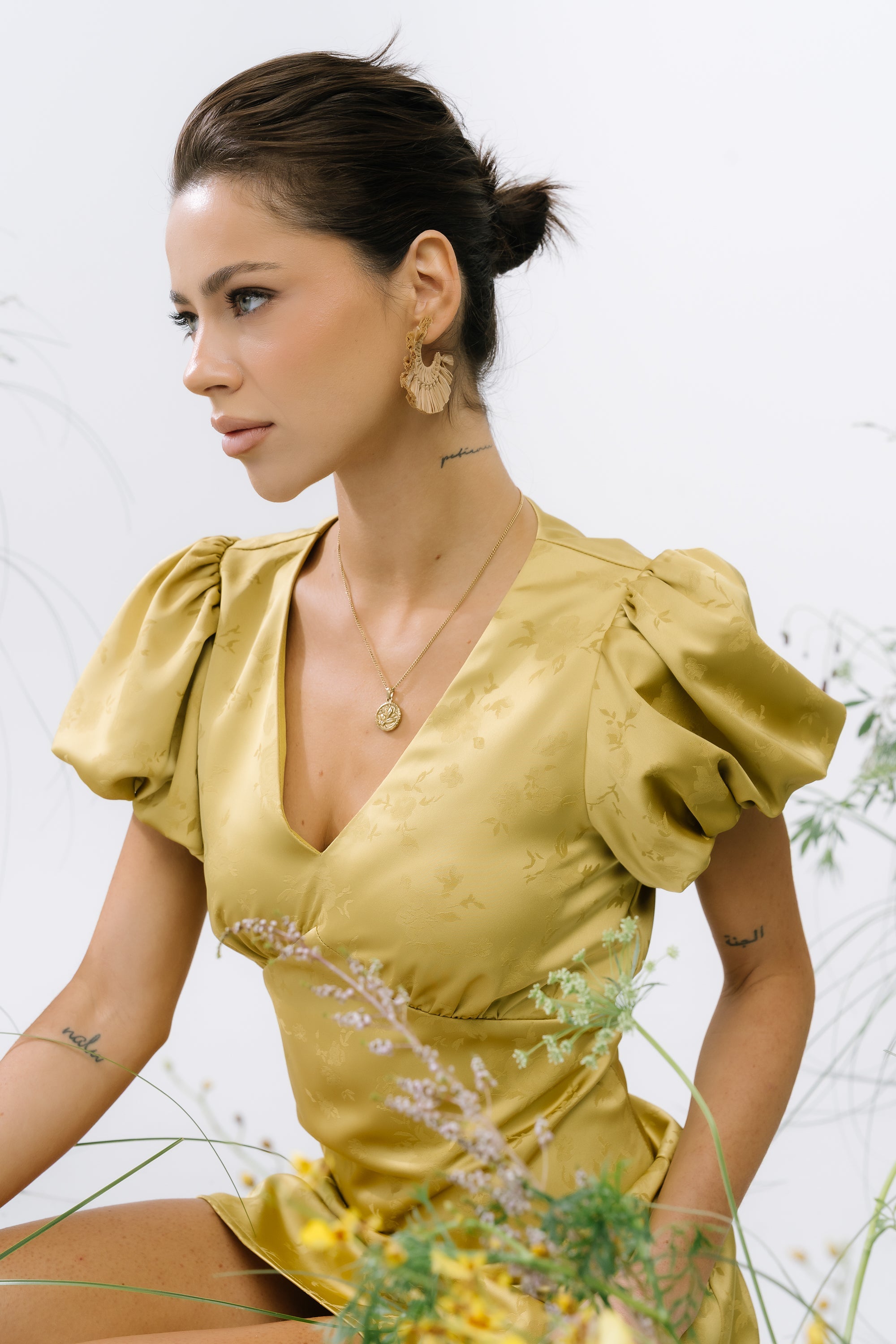 Brenna Floral Mini Dress in Chartreuse