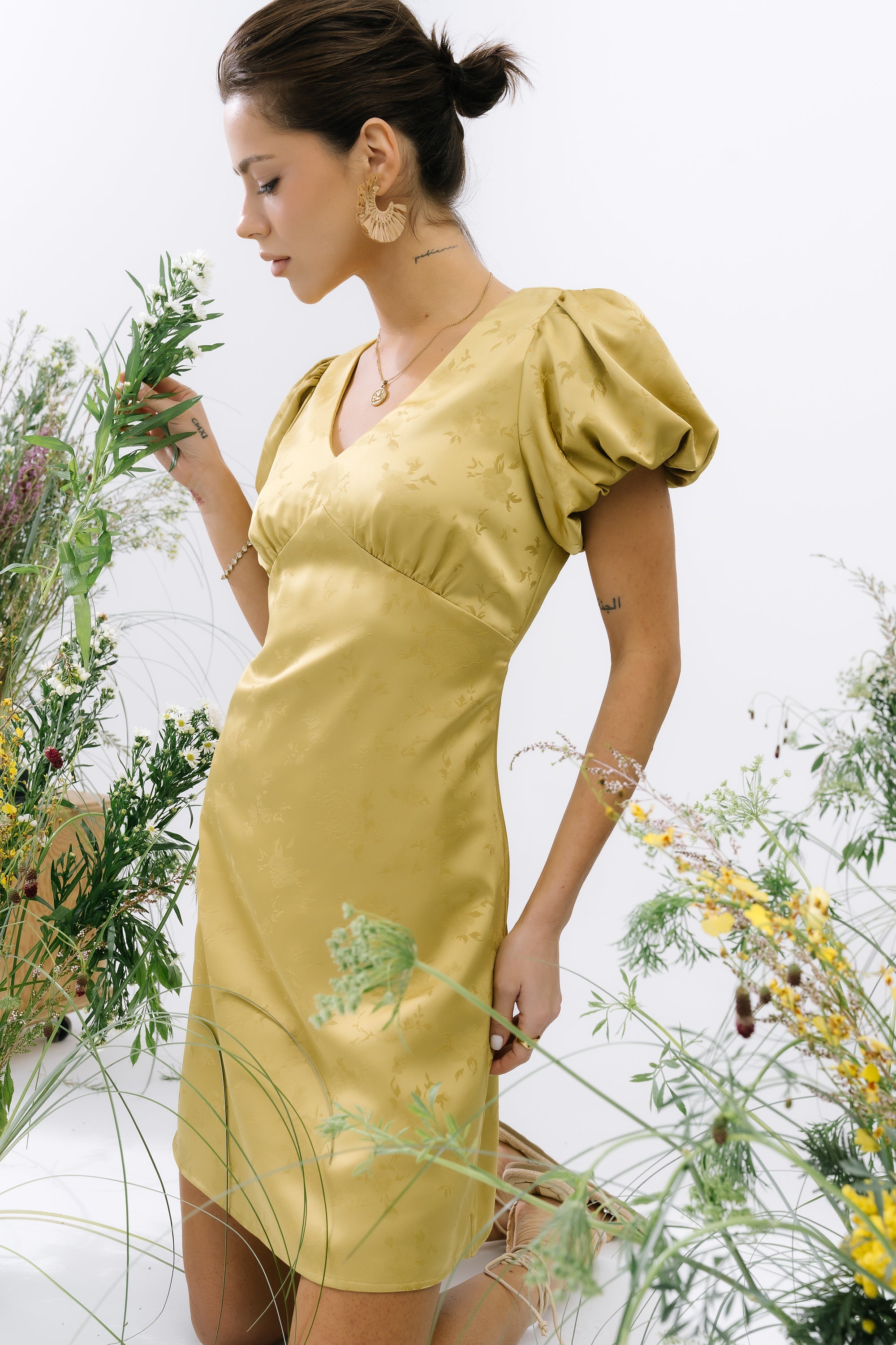 Brenna Floral Mini Dress in Chartreuse