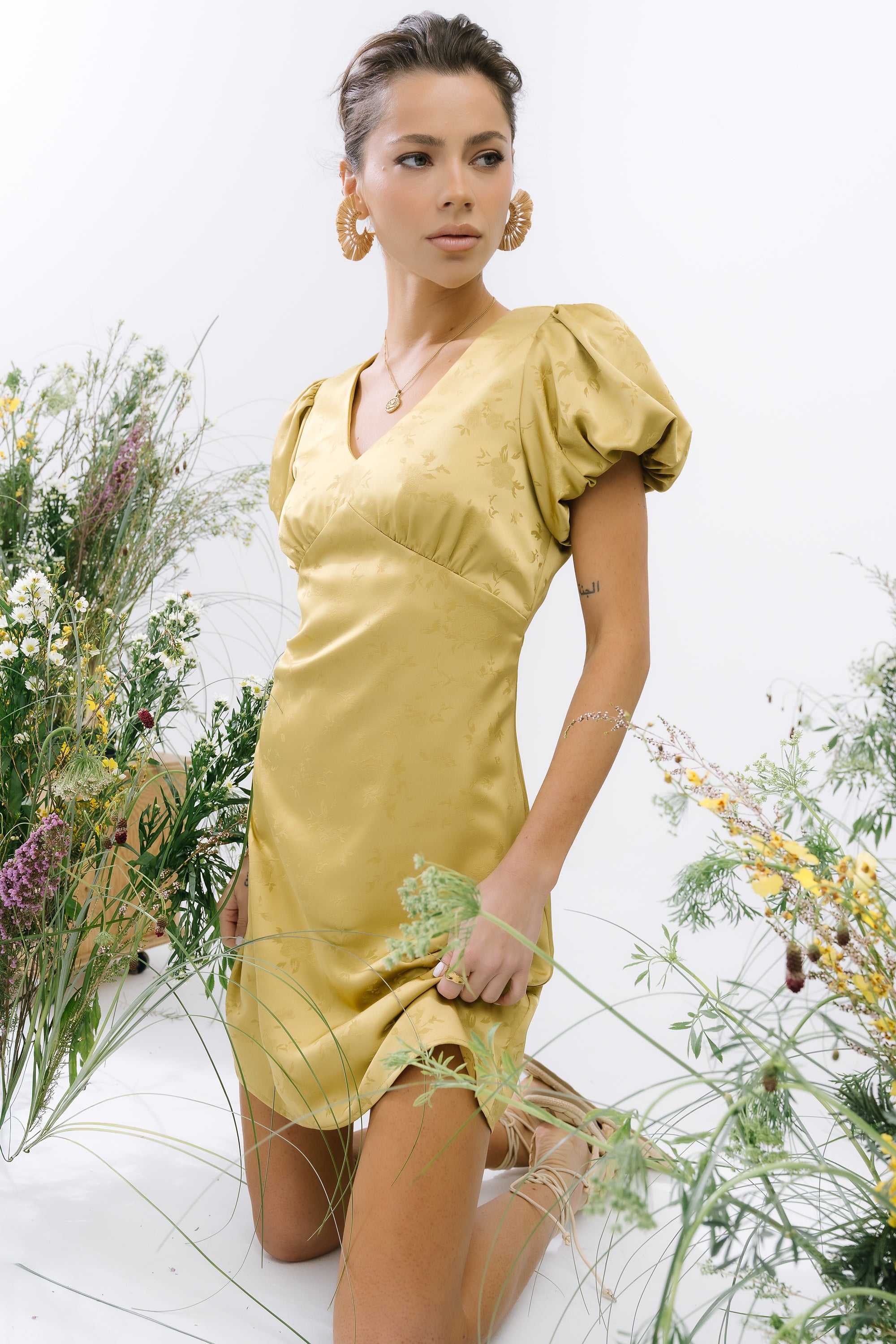 Brenna Floral Mini Dress in Chartreuse