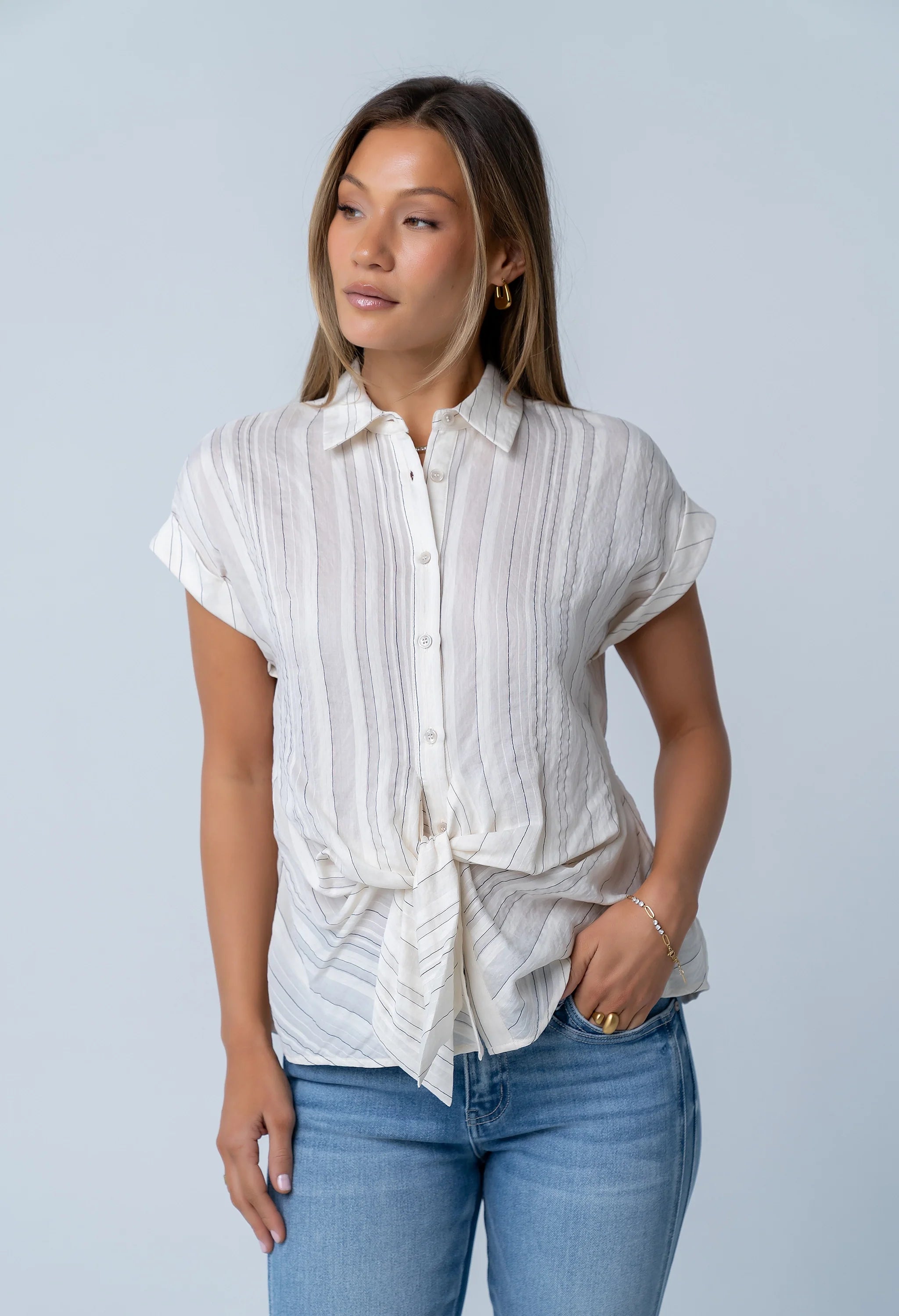Darian Striped Button Up in Cream