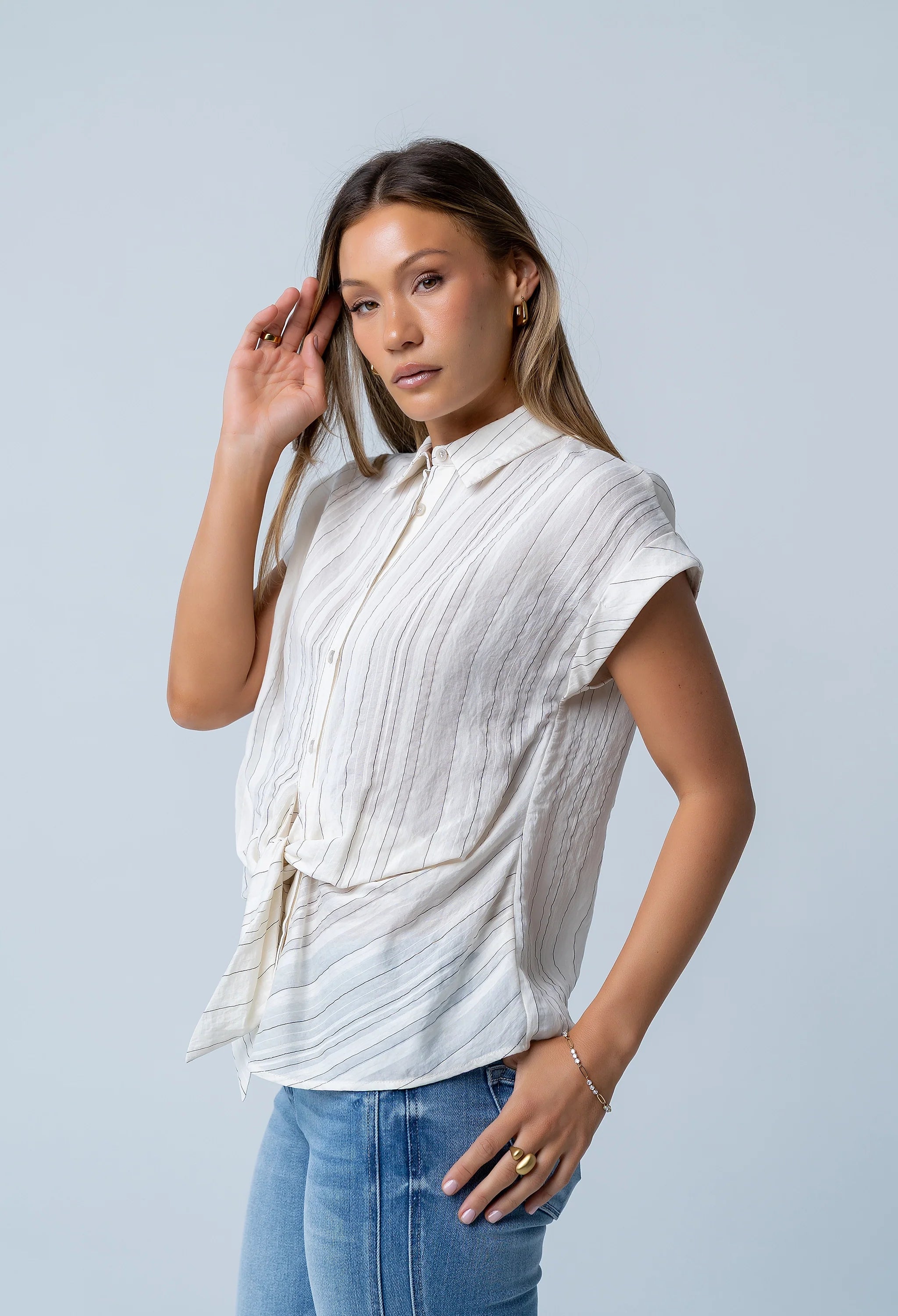 Darian Striped Button Up in Cream