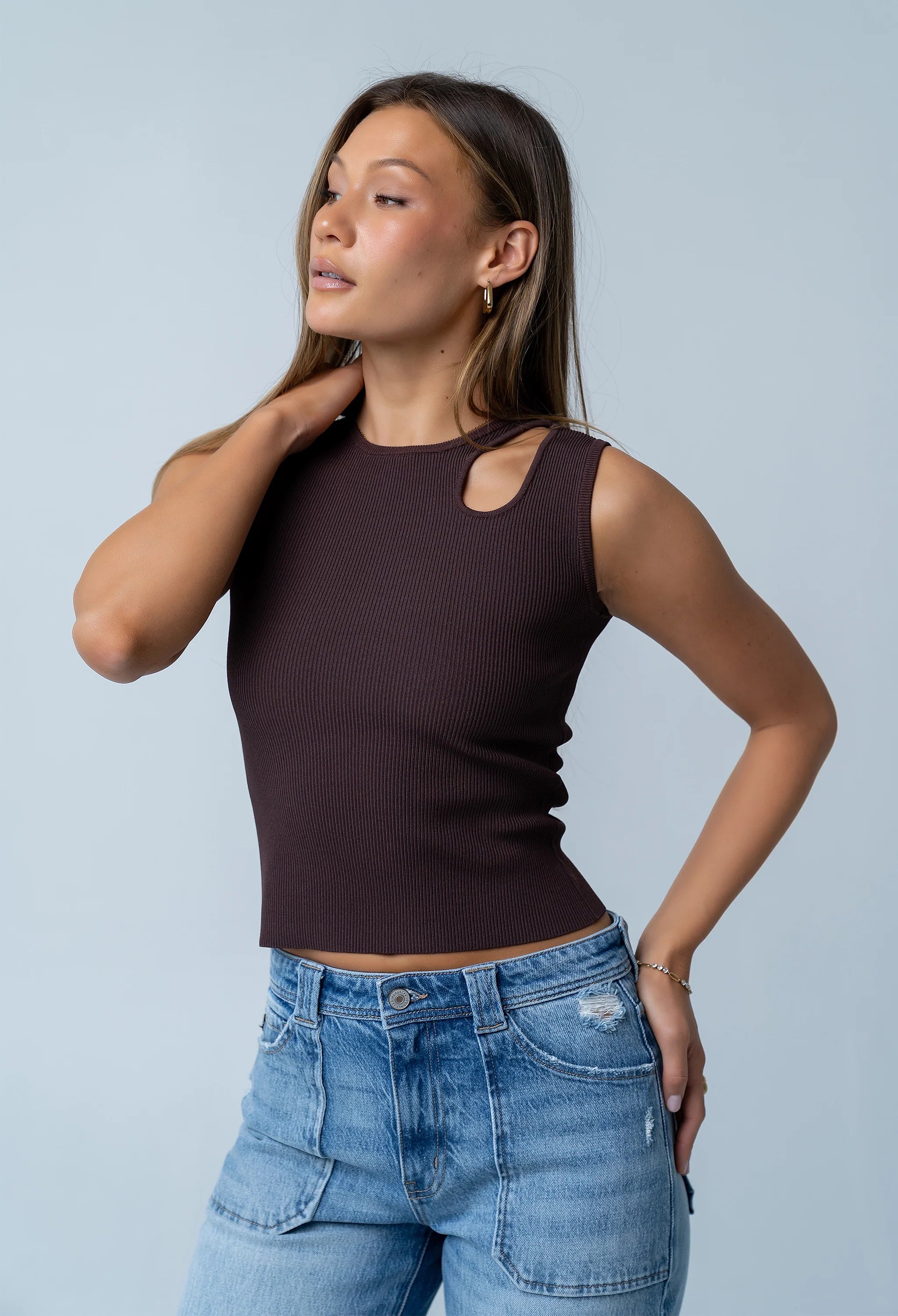 Ollie Cutout Tank Top in Brown